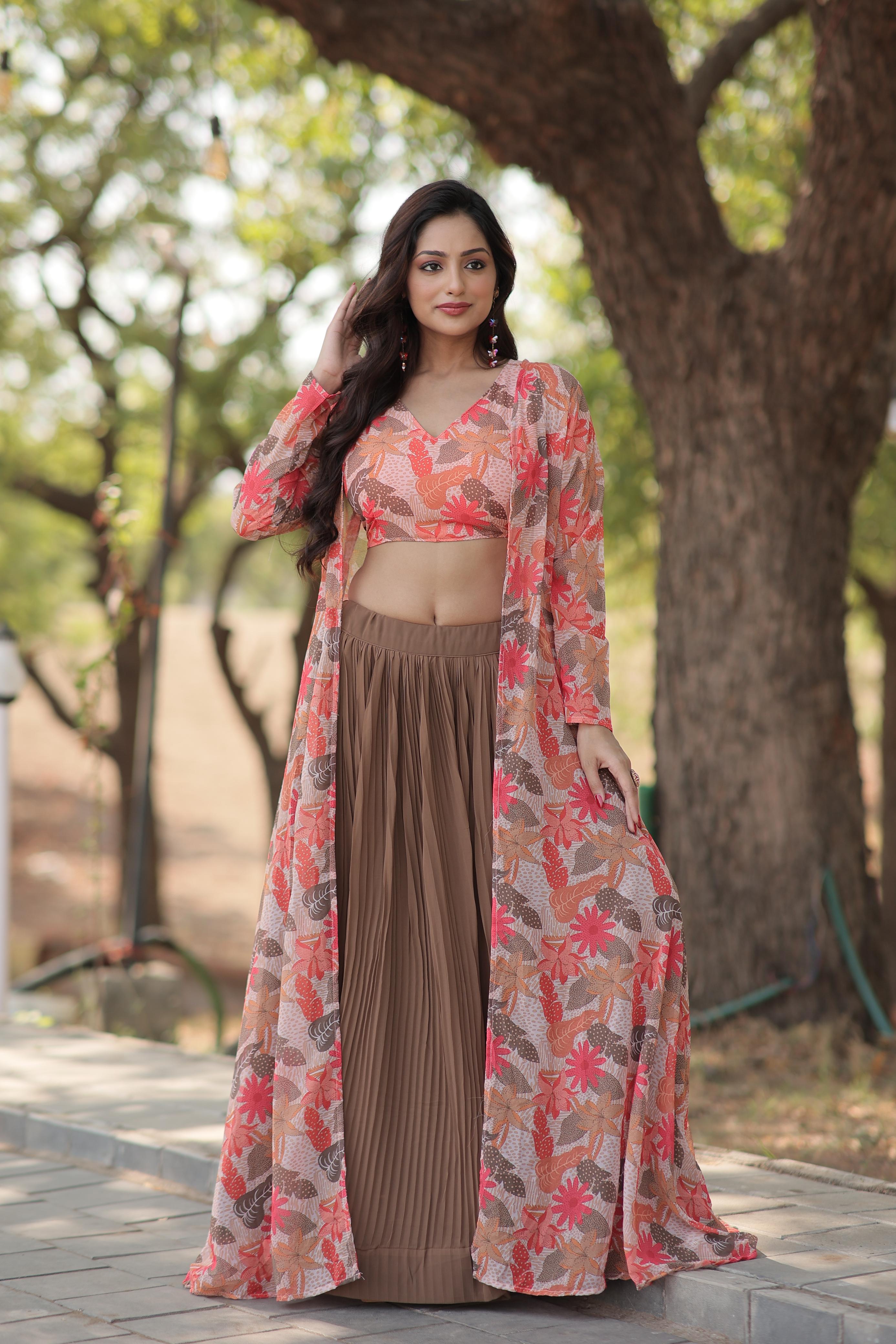 Reception Wear Beige Lehenga With Peach Flower Print Blouse and Shrug