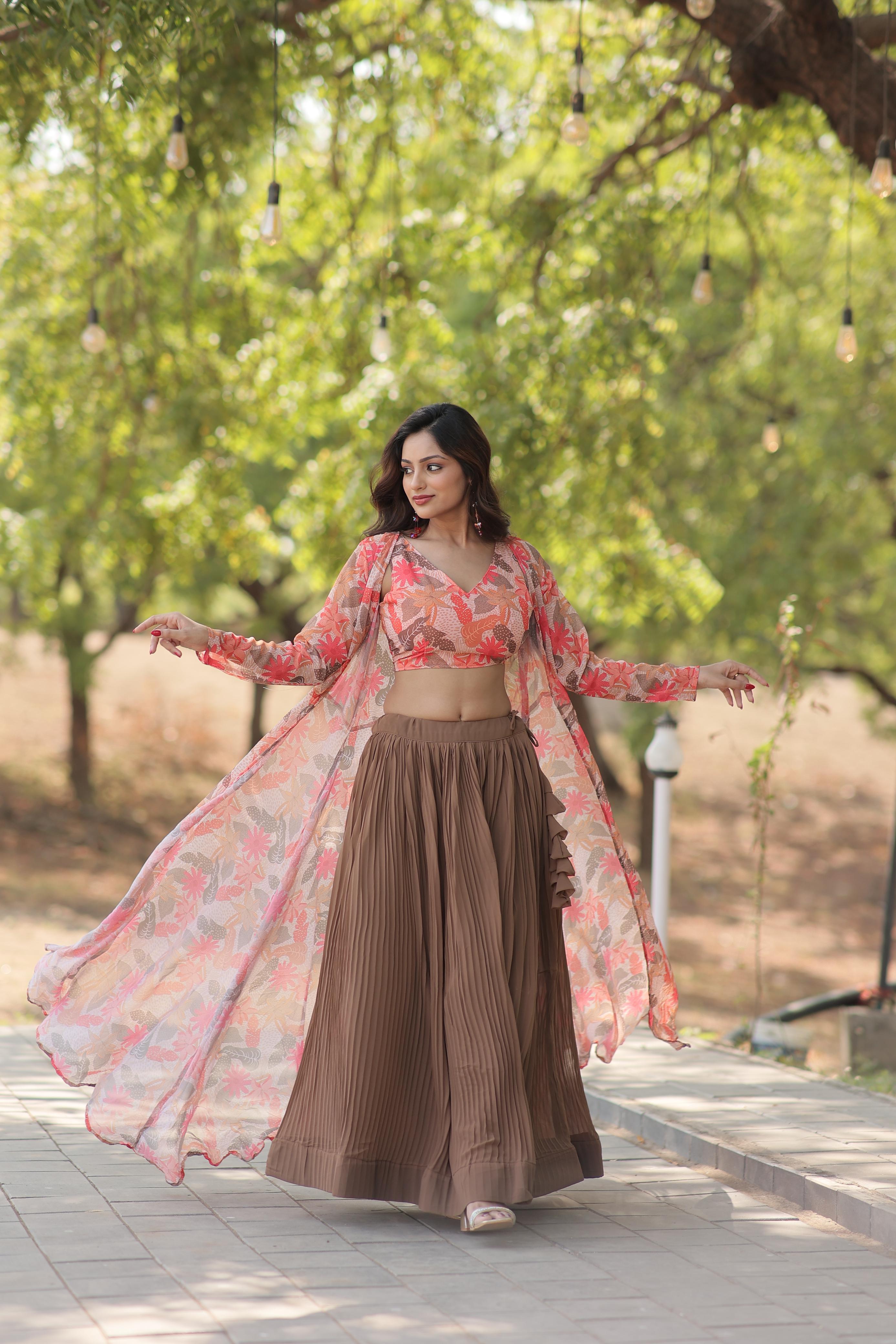 Reception Wear Beige Lehenga With Peach Flower Print Blouse and Shrug