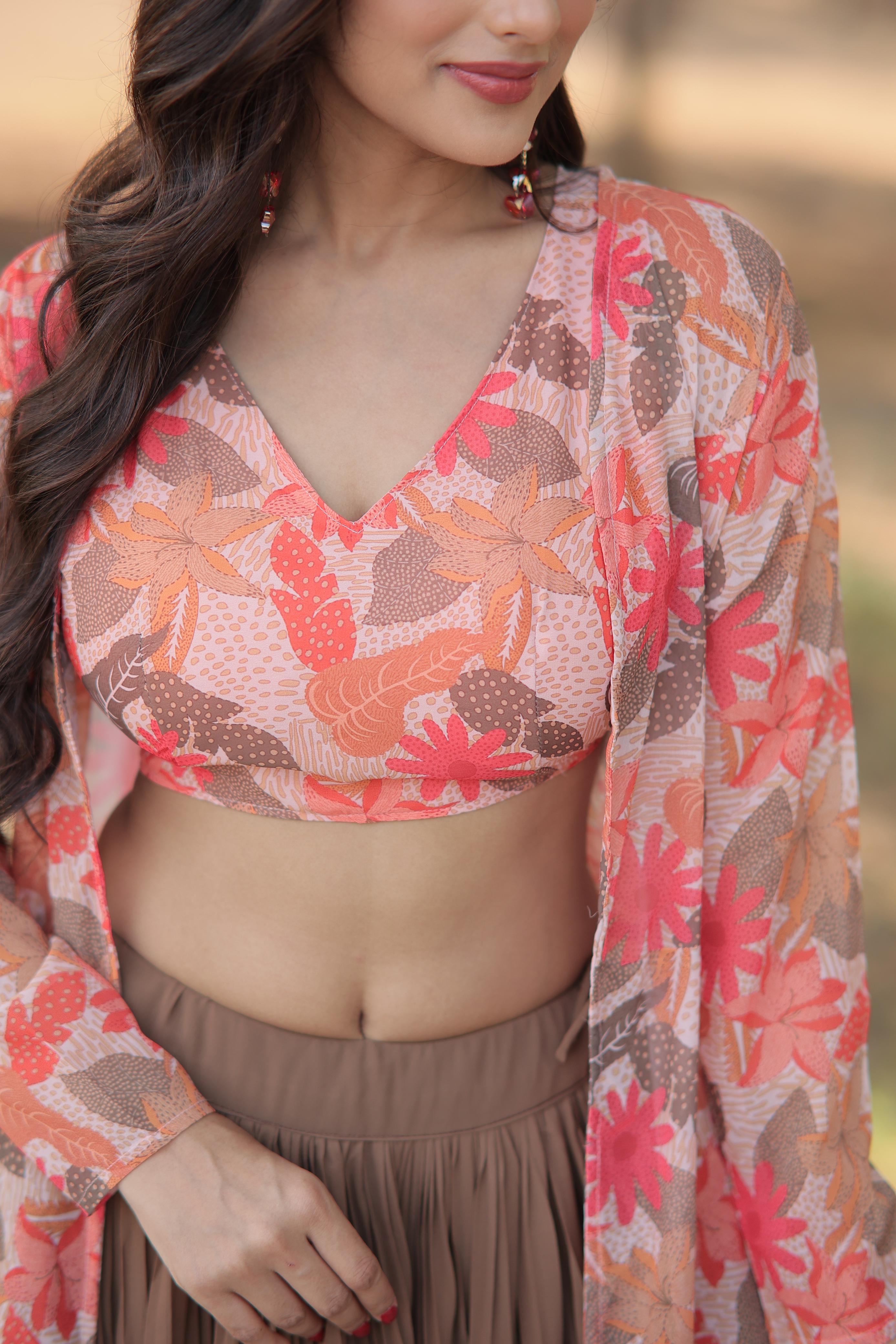 Reception Wear Beige Lehenga With Peach Flower Print Blouse and Shrug