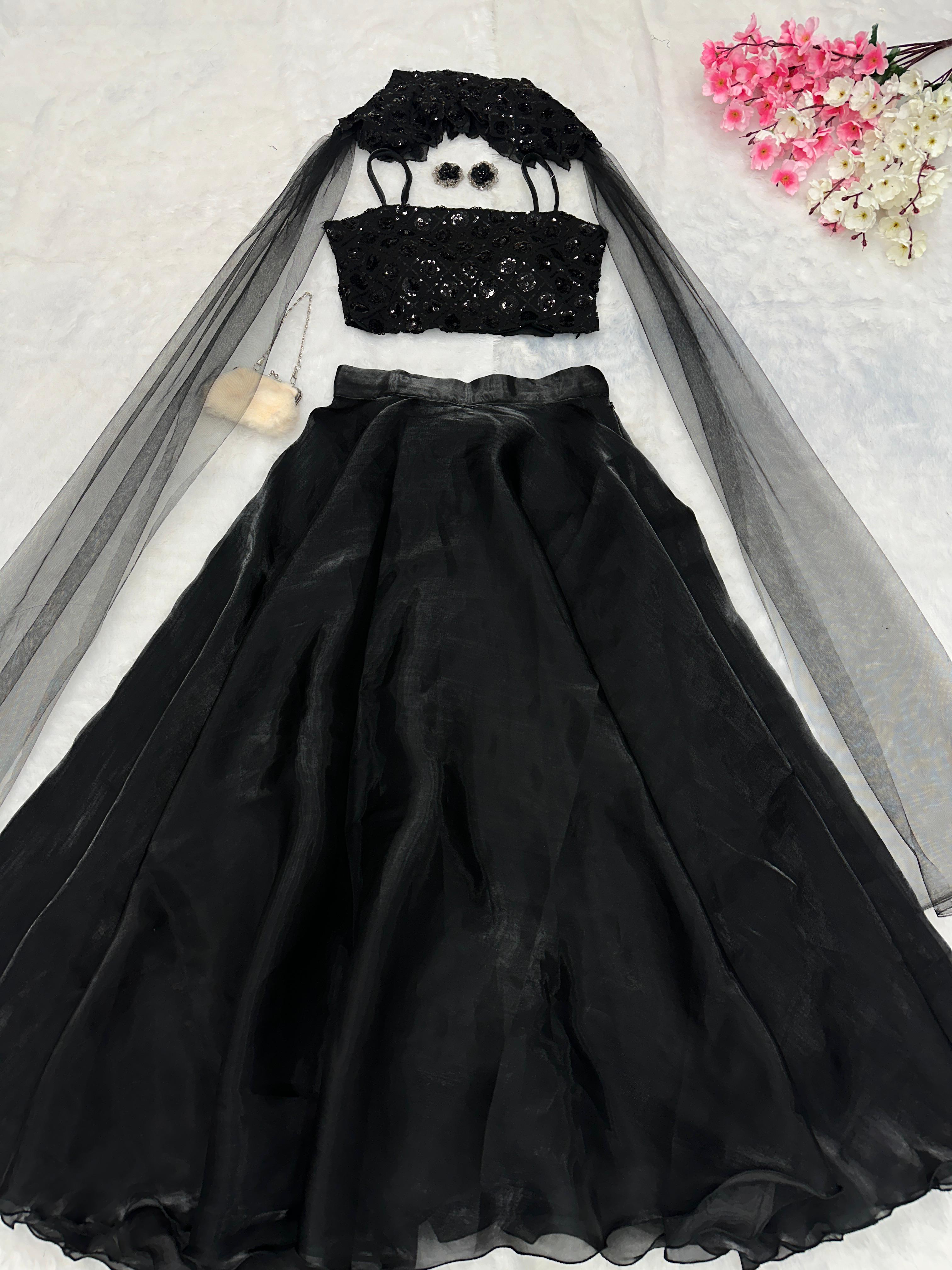 Reception Wear Black Color Pure Jimmy Choo Organza With 8 Meter Flair Lehenga Choli