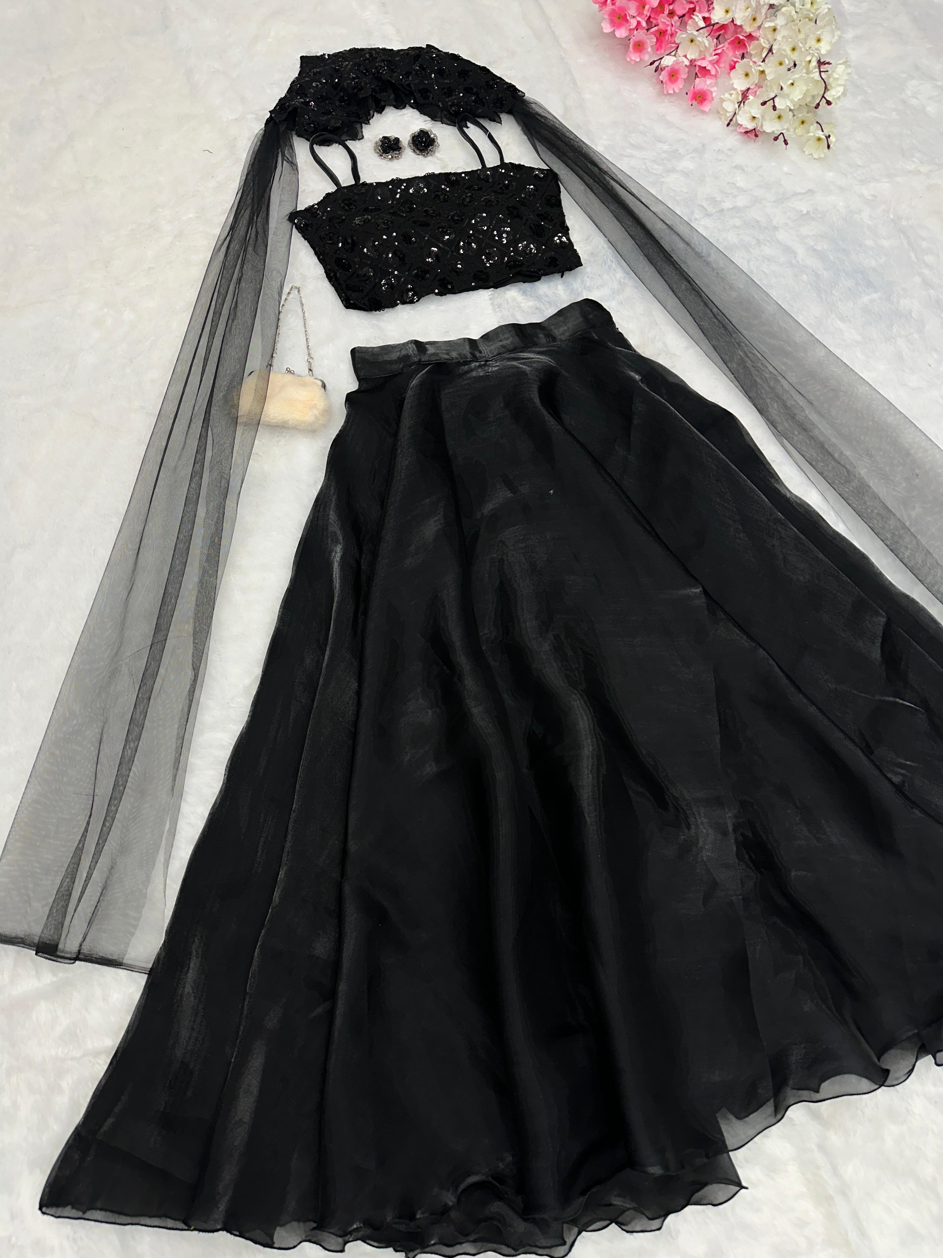 Reception Wear Black Color Pure Jimmy Choo Organza With 8 Meter Flair Lehenga Choli