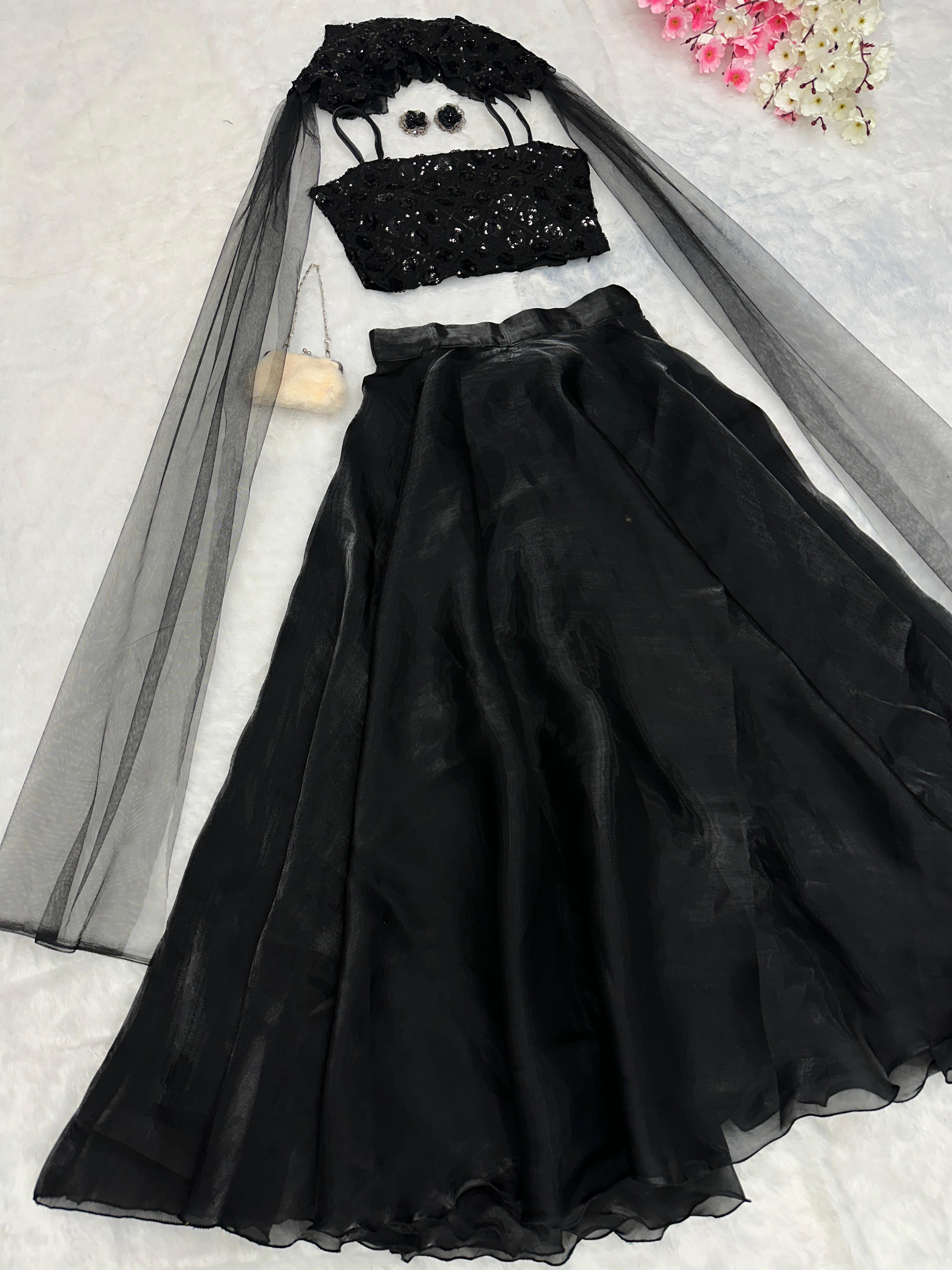 Reception Wear Black Color Pure Jimmy Choo Organza With 8 Meter Flair Lehenga Choli