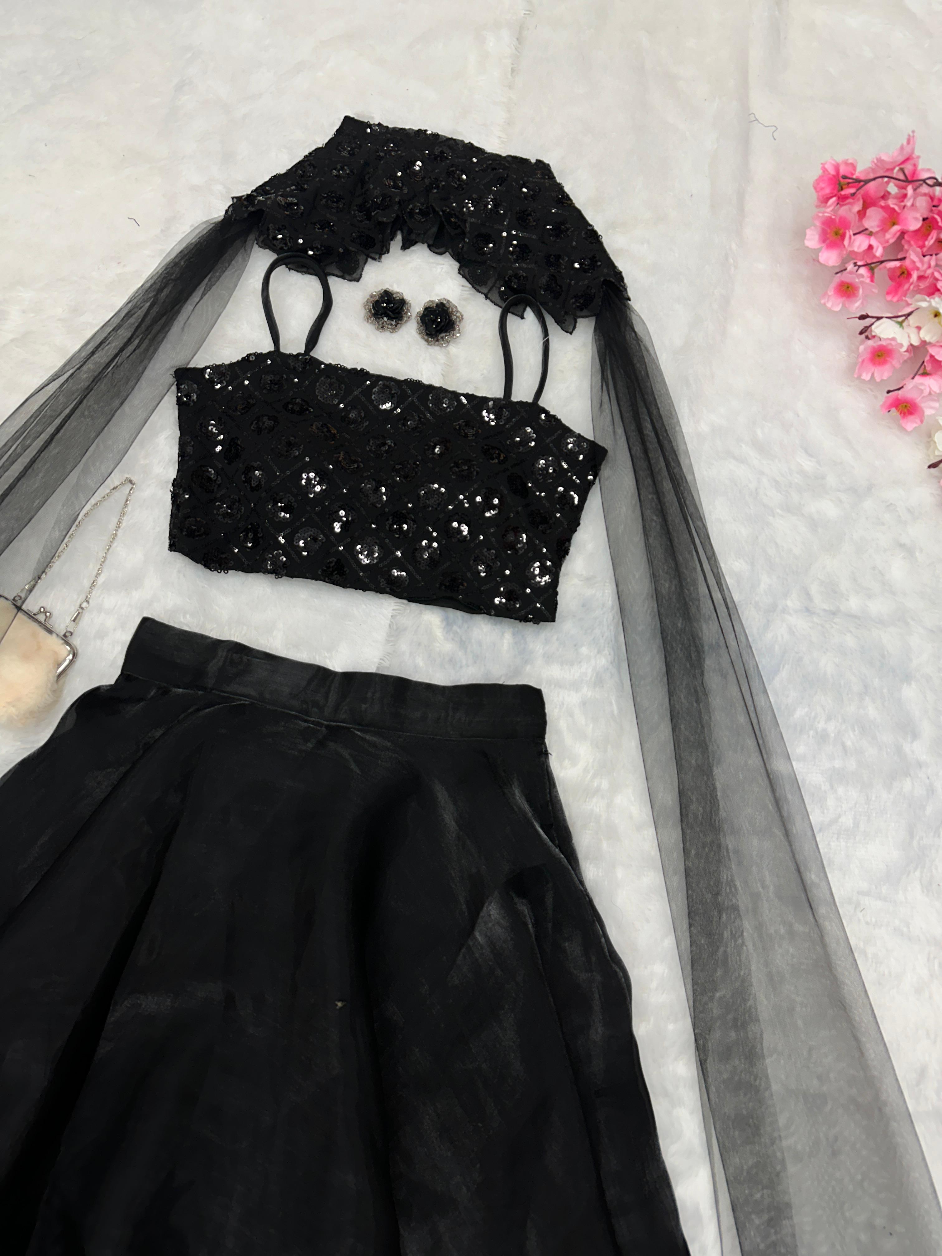 Reception Wear Black Color Pure Jimmy Choo Organza With 8 Meter Flair Lehenga Choli