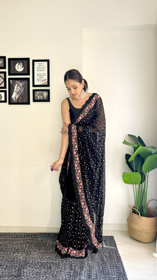 Good Looking Black Color Beautiful Sequins And Embroidery Work Party Wear Saree