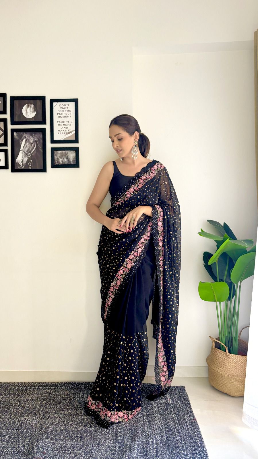 Good Looking Black Color Beautiful Sequins And Embroidery Work Party Wear Saree