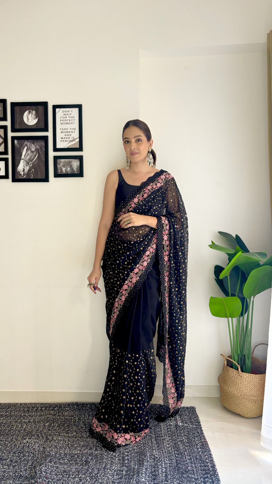 Good Looking Black Color Beautiful Sequins And Embroidery Work Party Wear Saree