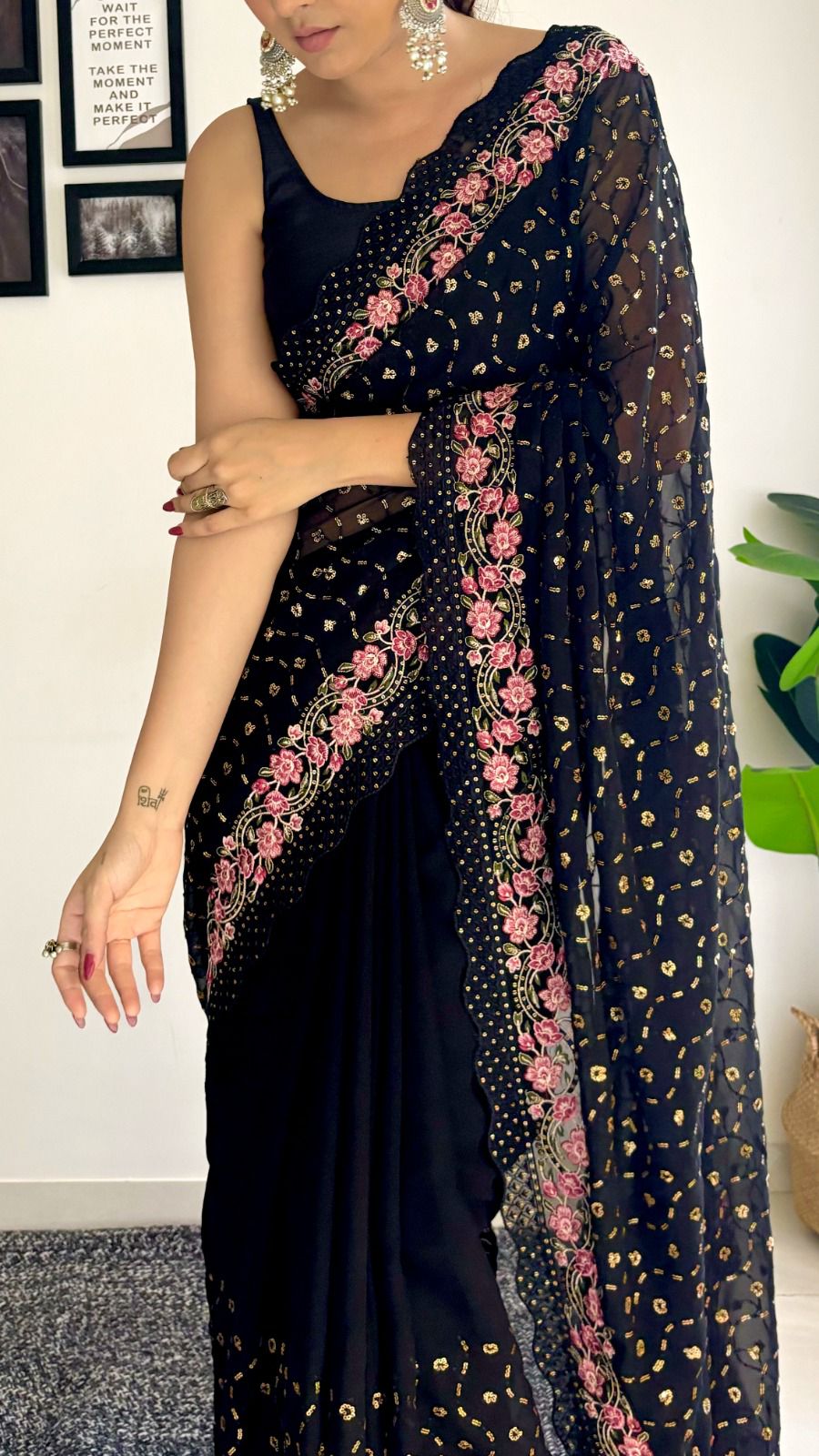 Good Looking Black Color Beautiful Sequins And Embroidery Work Party Wear Saree