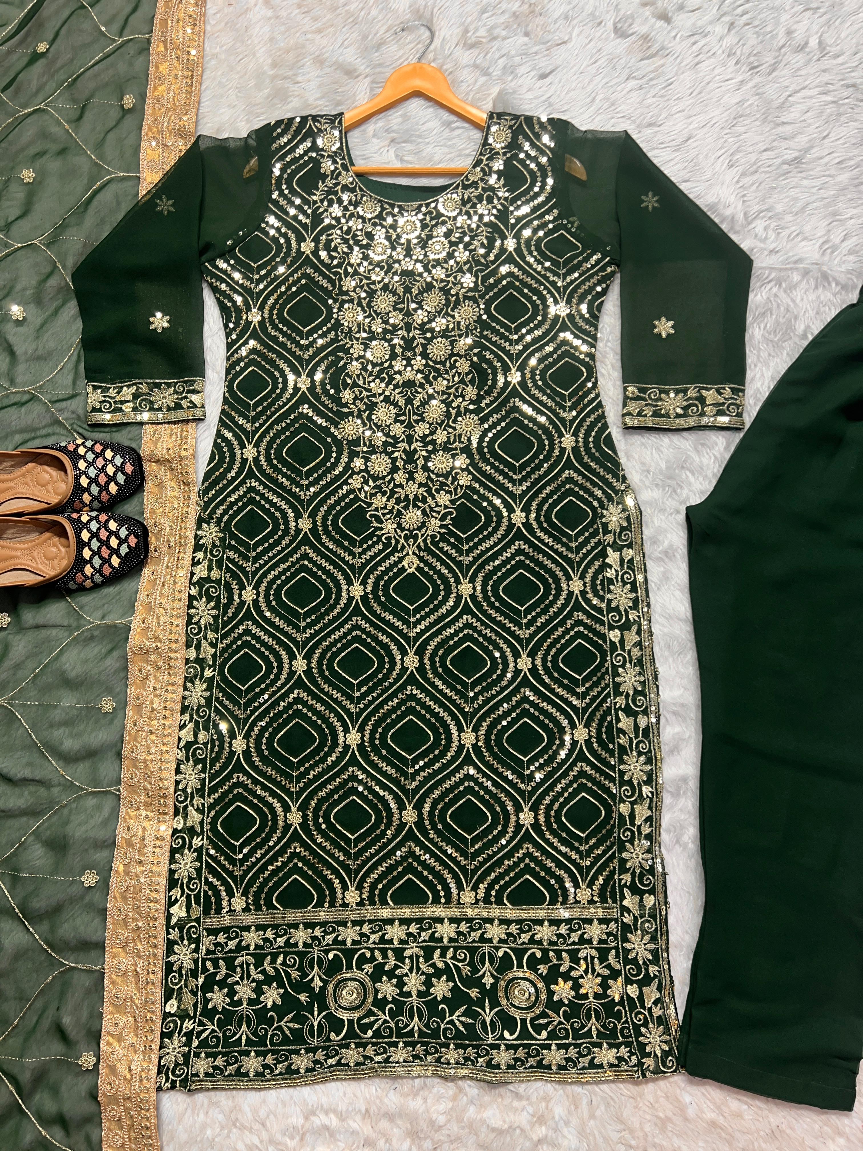 Beautiful Designer  Hevay Faux Georgette Green Color Salwar Suit