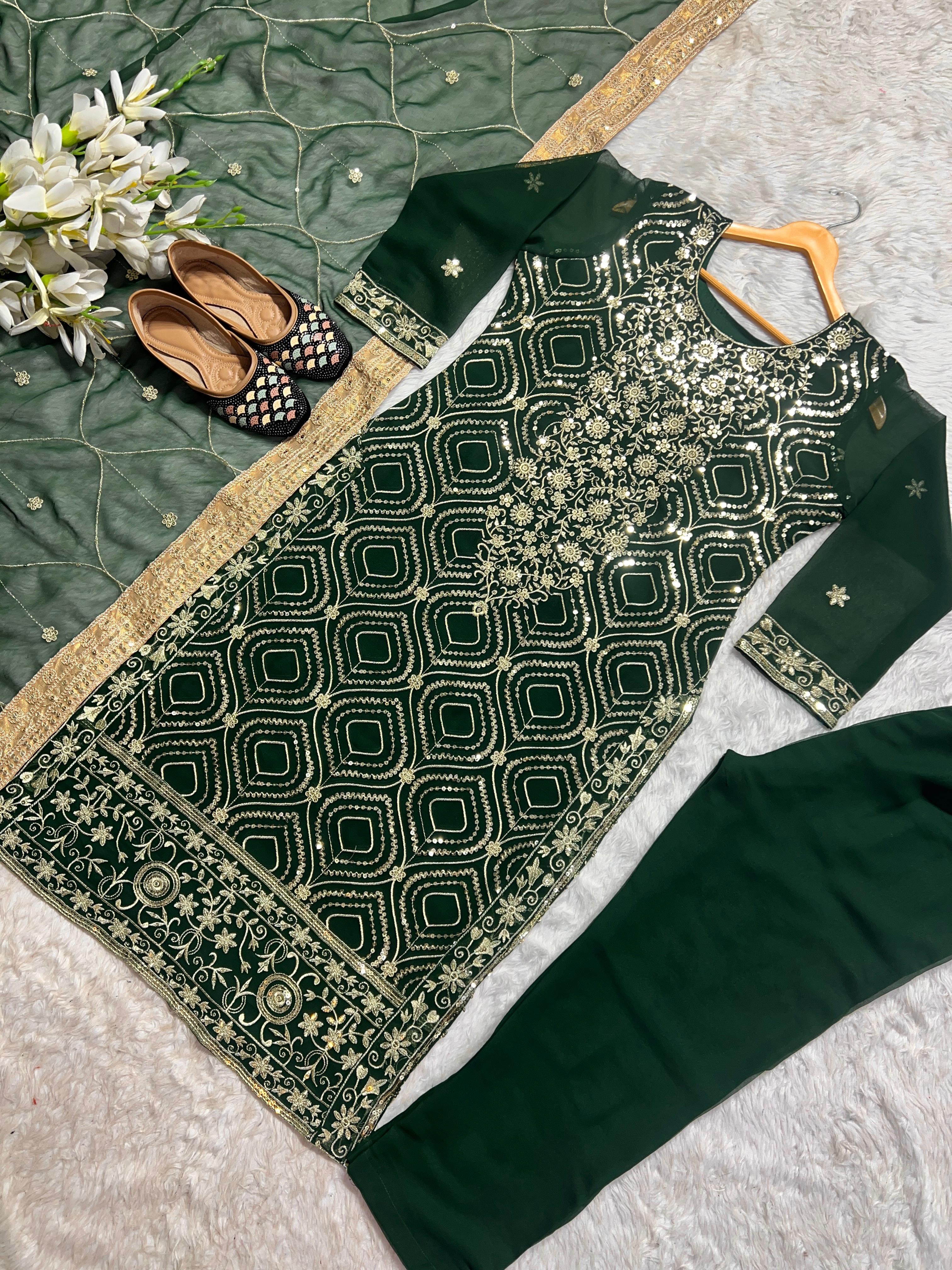 Beautiful Designer  Hevay Faux Georgette Green Color Salwar Suit