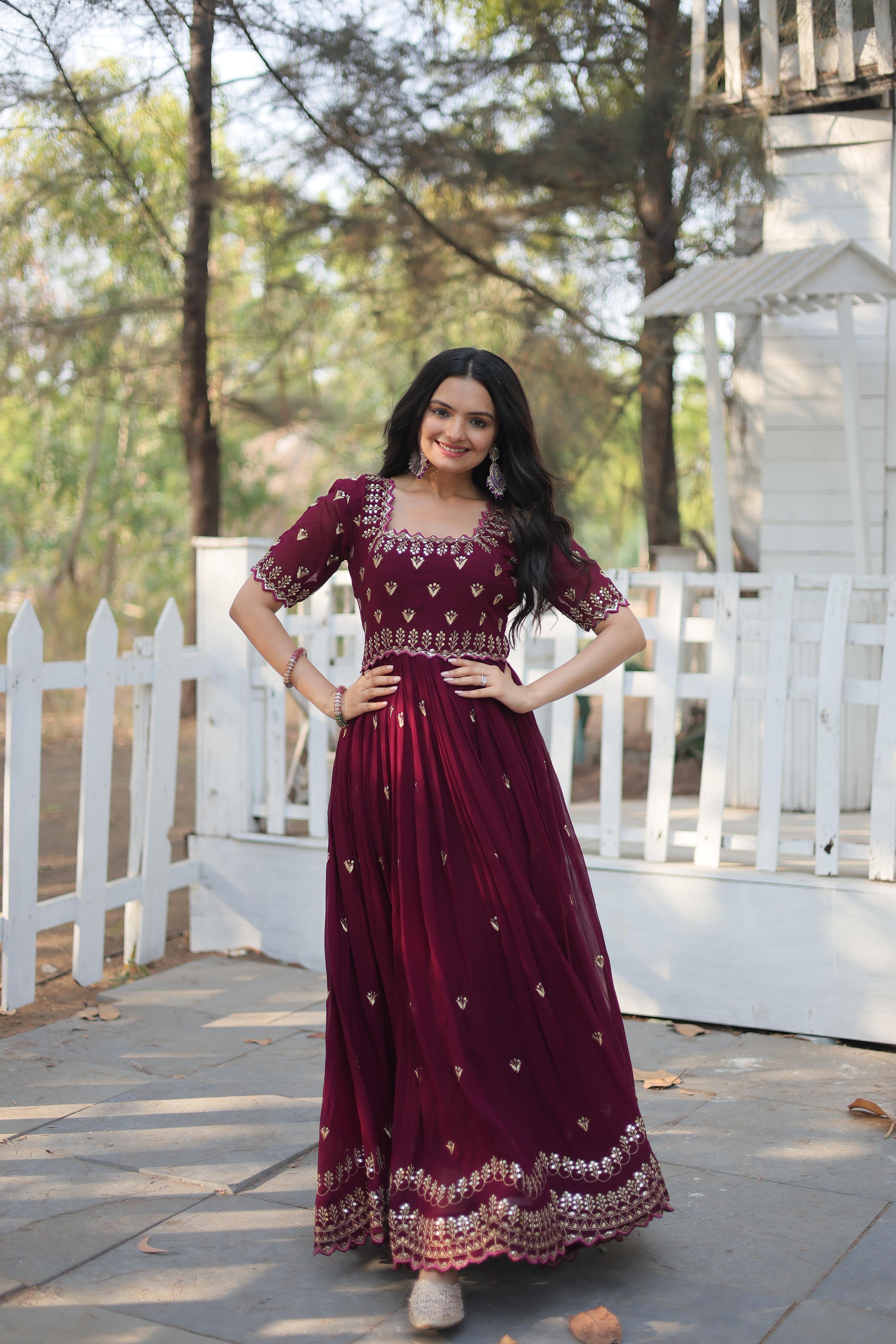 Classic Seal Brown Zari Thread Sequins Worked Fully Stitched Designer Gown