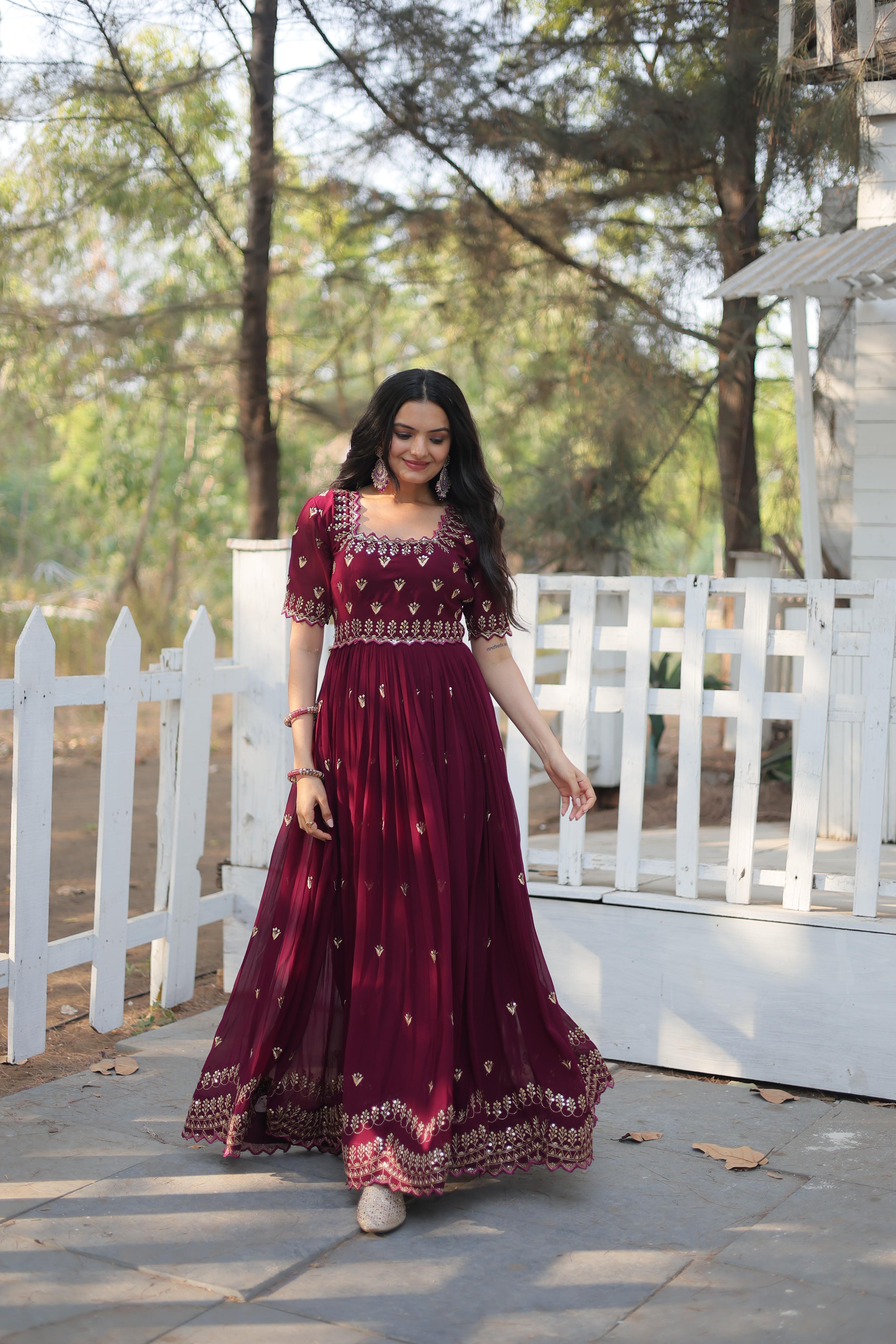 Classic Seal Brown Zari Thread Sequins Worked Fully Stitched Designer Gown