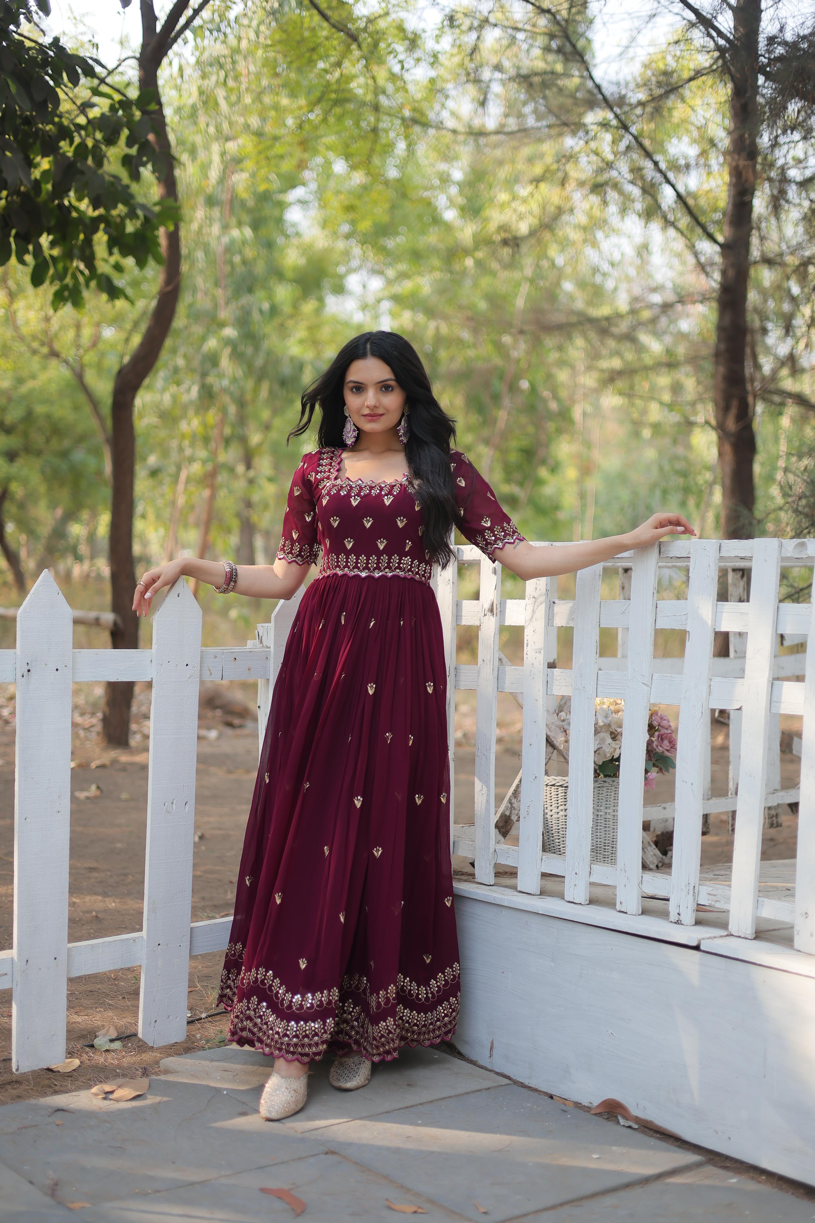 Classic Seal Brown Zari Thread Sequins Worked Fully Stitched Designer Gown