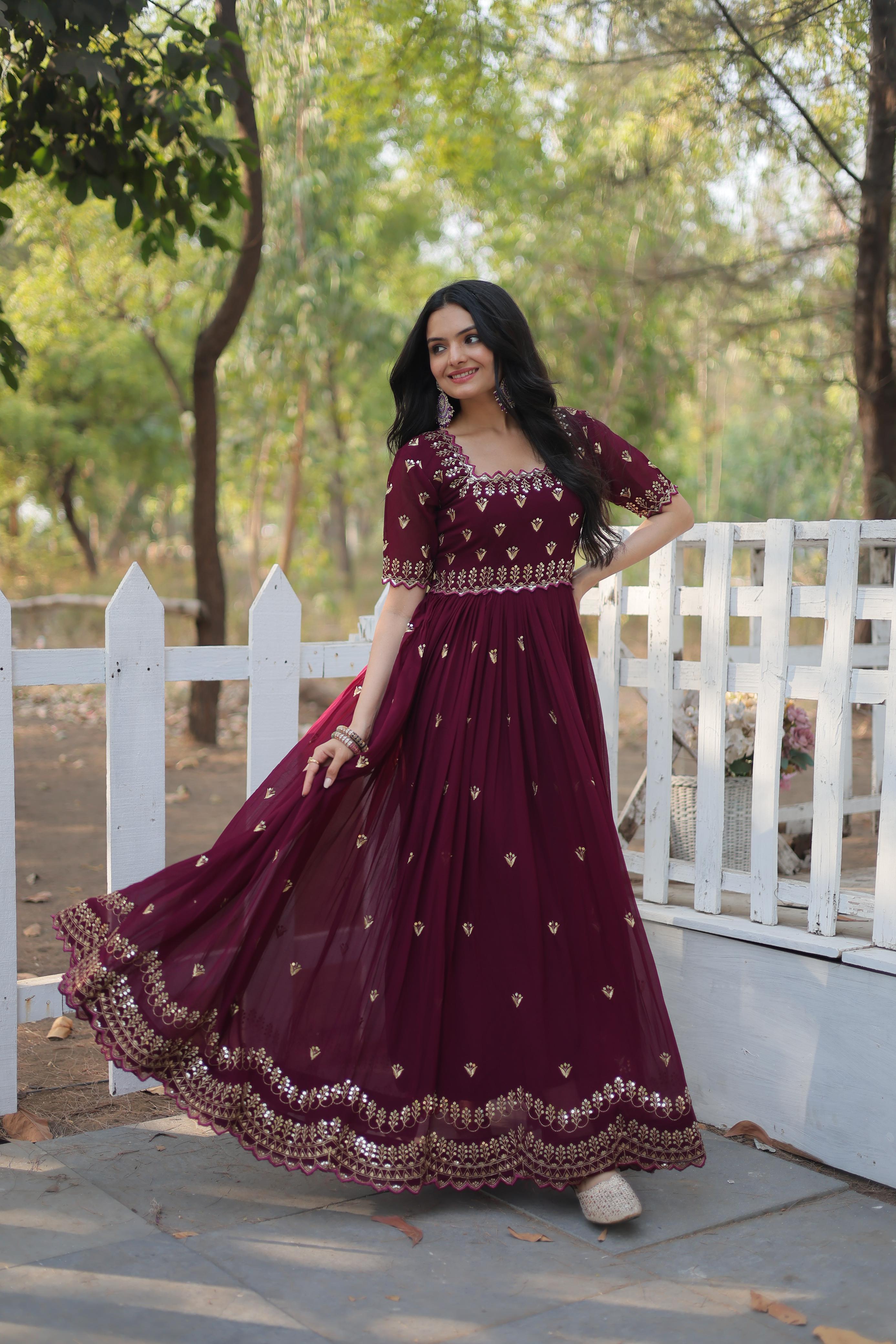 Classic Seal Brown Zari Thread Sequins Worked Fully Stitched Designer Gown