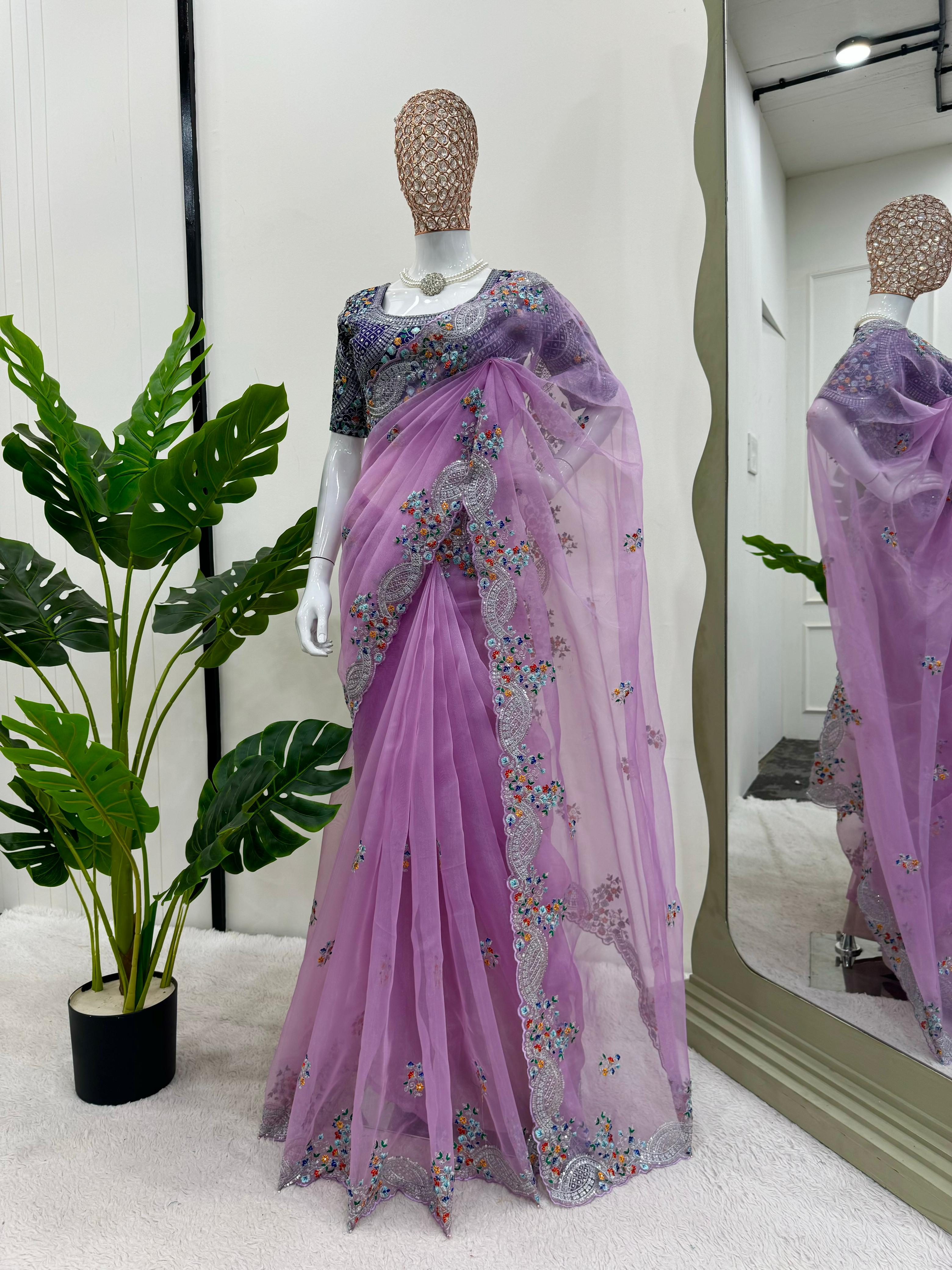 Beautiful Designer Purple Organza Silk Fabric With Thread Sequence Work Saree