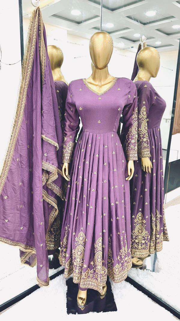 Fashionable Purple Color Heavy Embroidery Work With Sequence Work Designer Gown