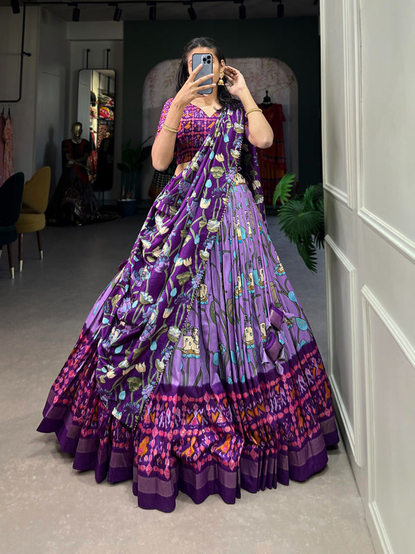 Party Wear Pichwai And Patola Printed Combination Tussar Silk Lavender Lehenga Choli