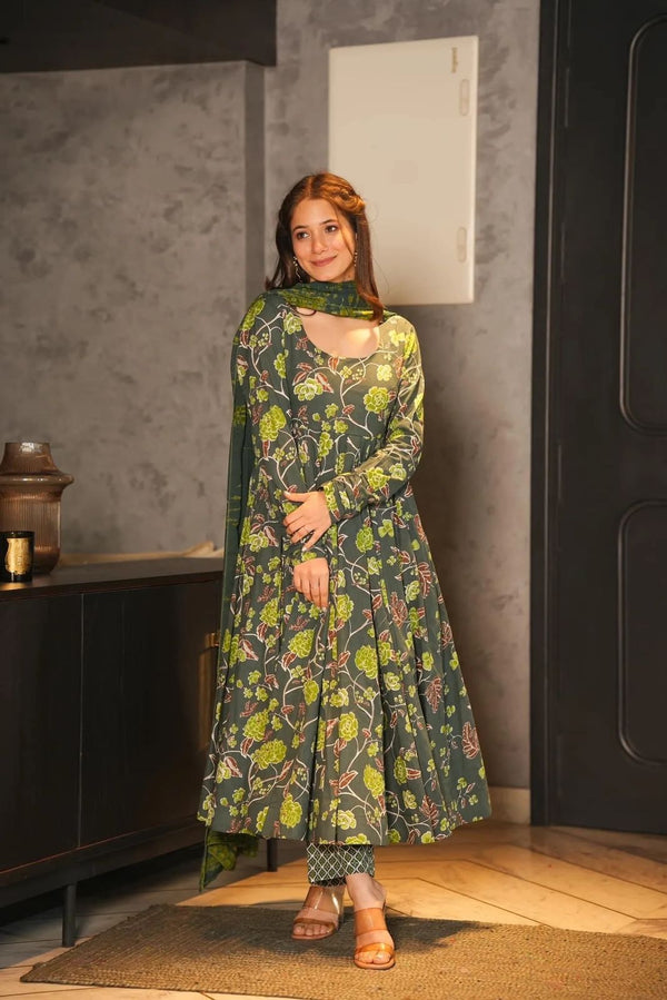 Classic Green Color Silk Satin With Digital Print Sleeves Anarkali Suit