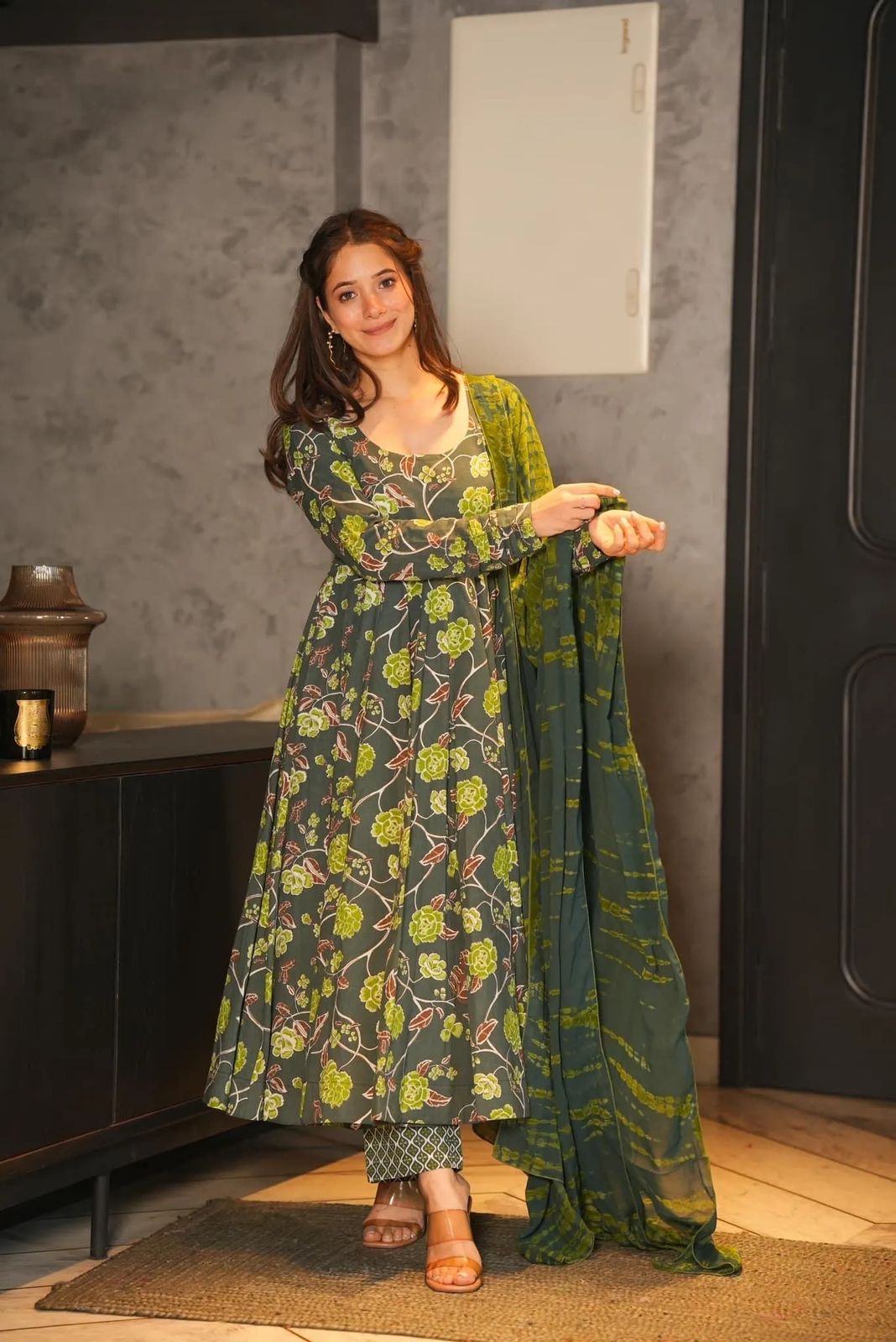 Classic Green Color Silk Satin With Digital Print Sleeves Anarkali Suit