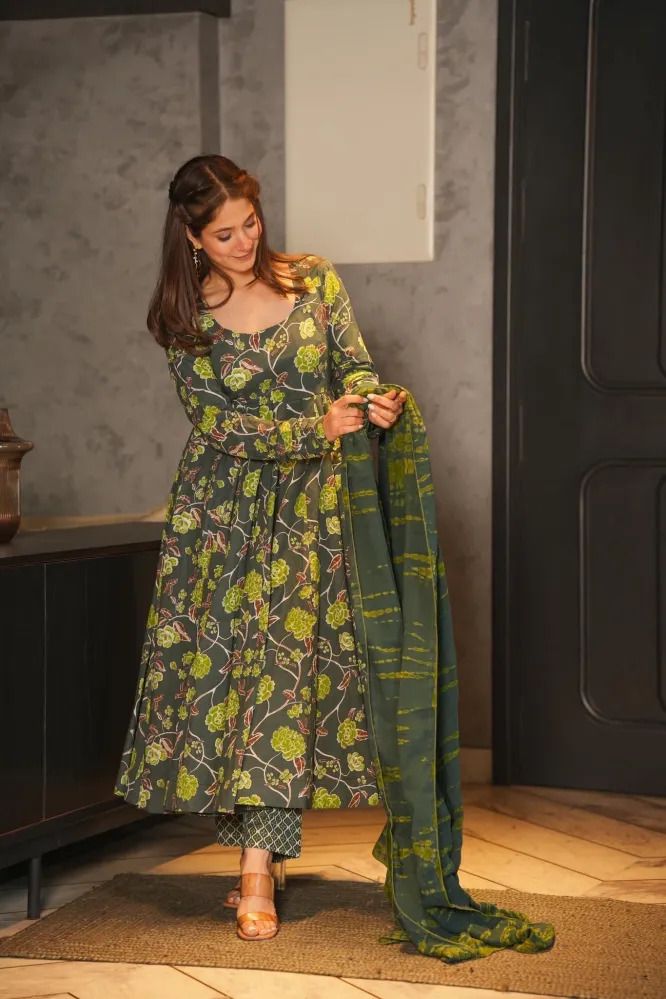 Classic Green Color Silk Satin With Digital Print Sleeves Anarkali Suit