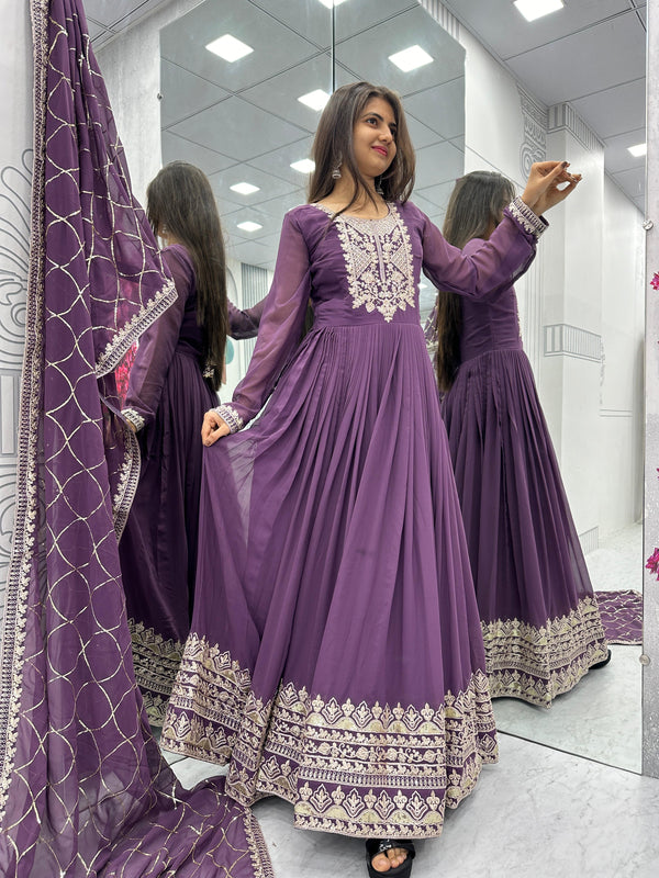 Purple Color Heavy Embroidery Sequence Coding Work Designer Gown