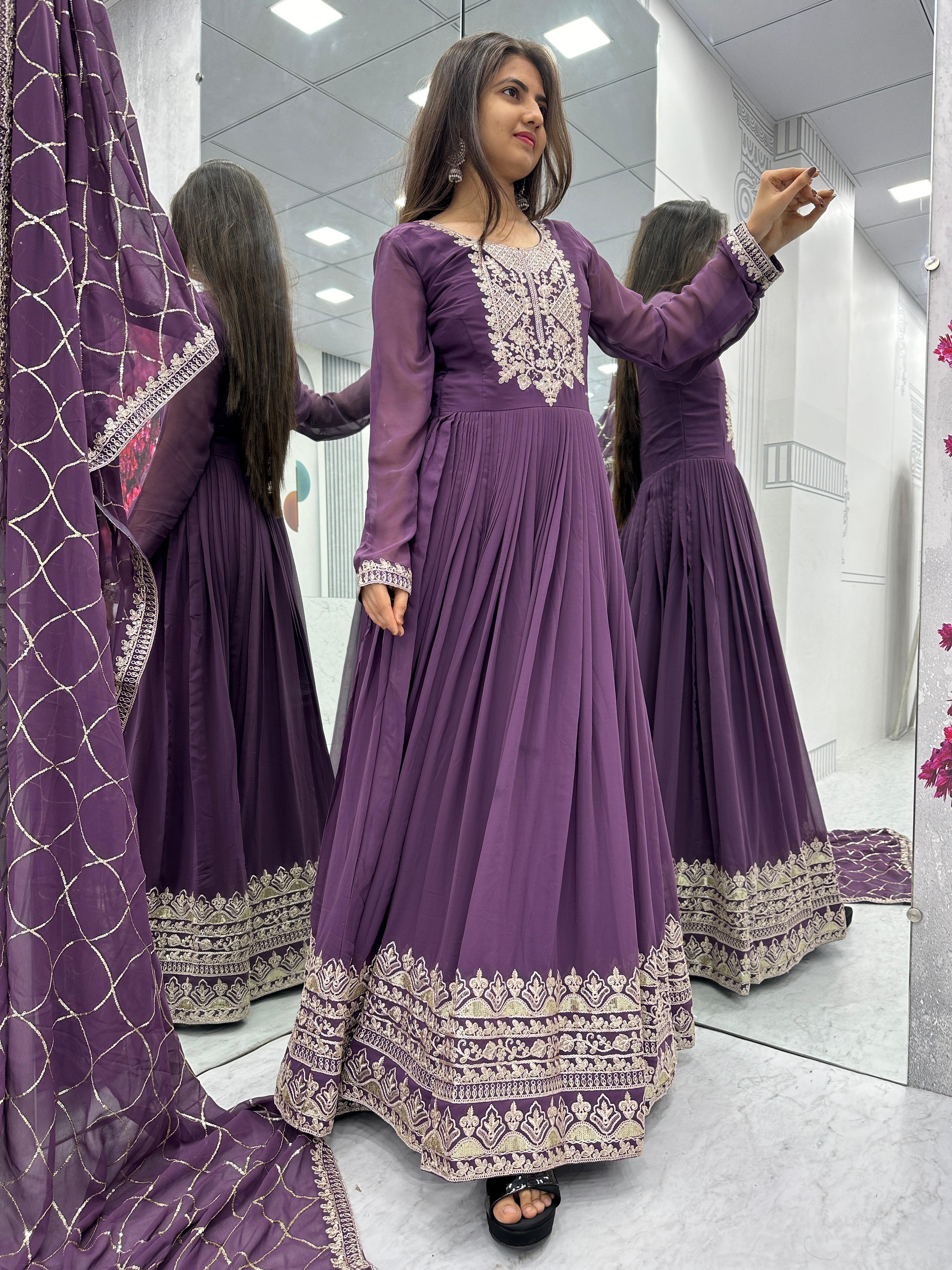 Purple Color Heavy Embroidery Sequence Coding Work Designer Gown