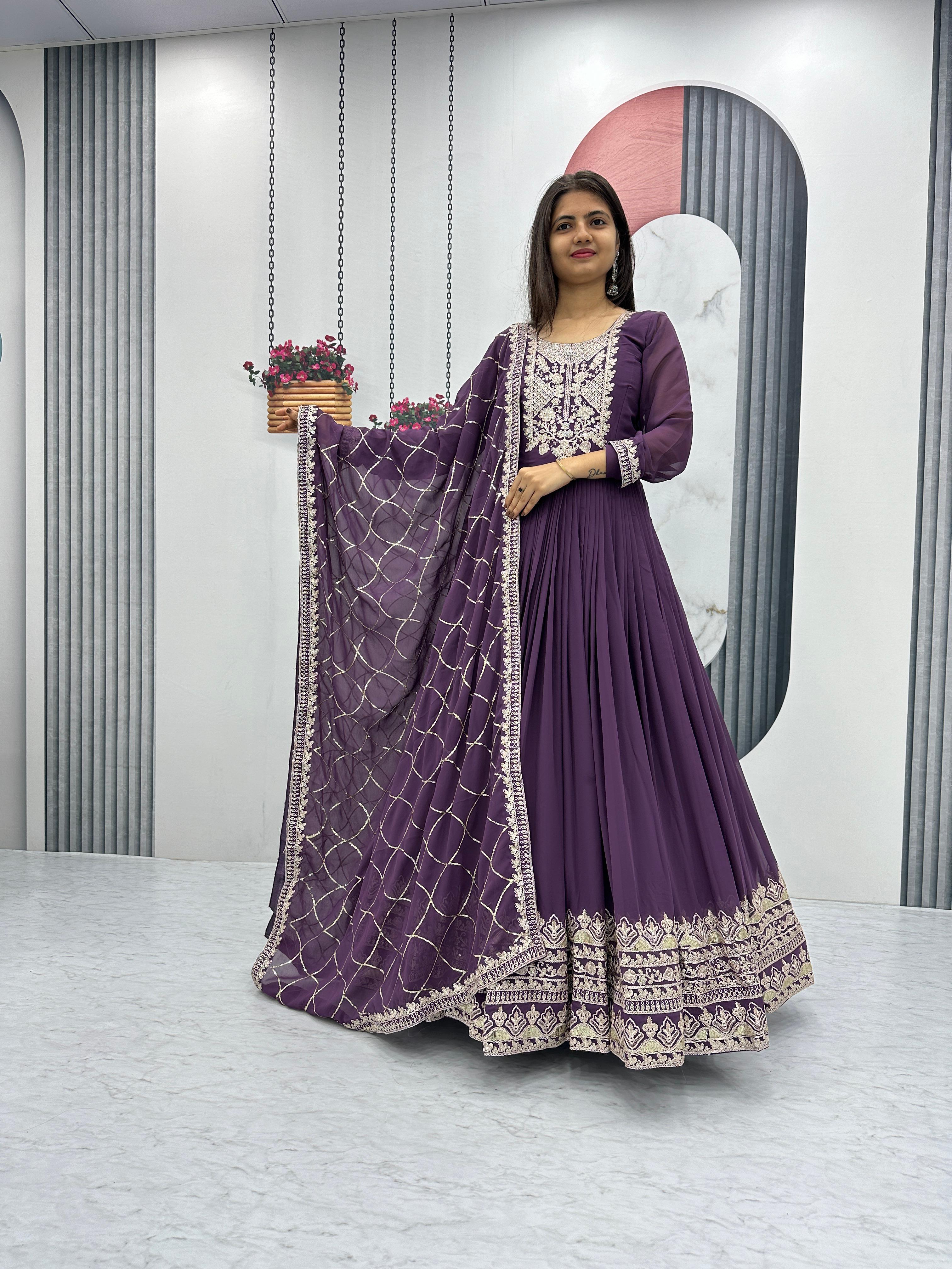 Purple Color Heavy Embroidery Sequence Coding Work Designer Gown