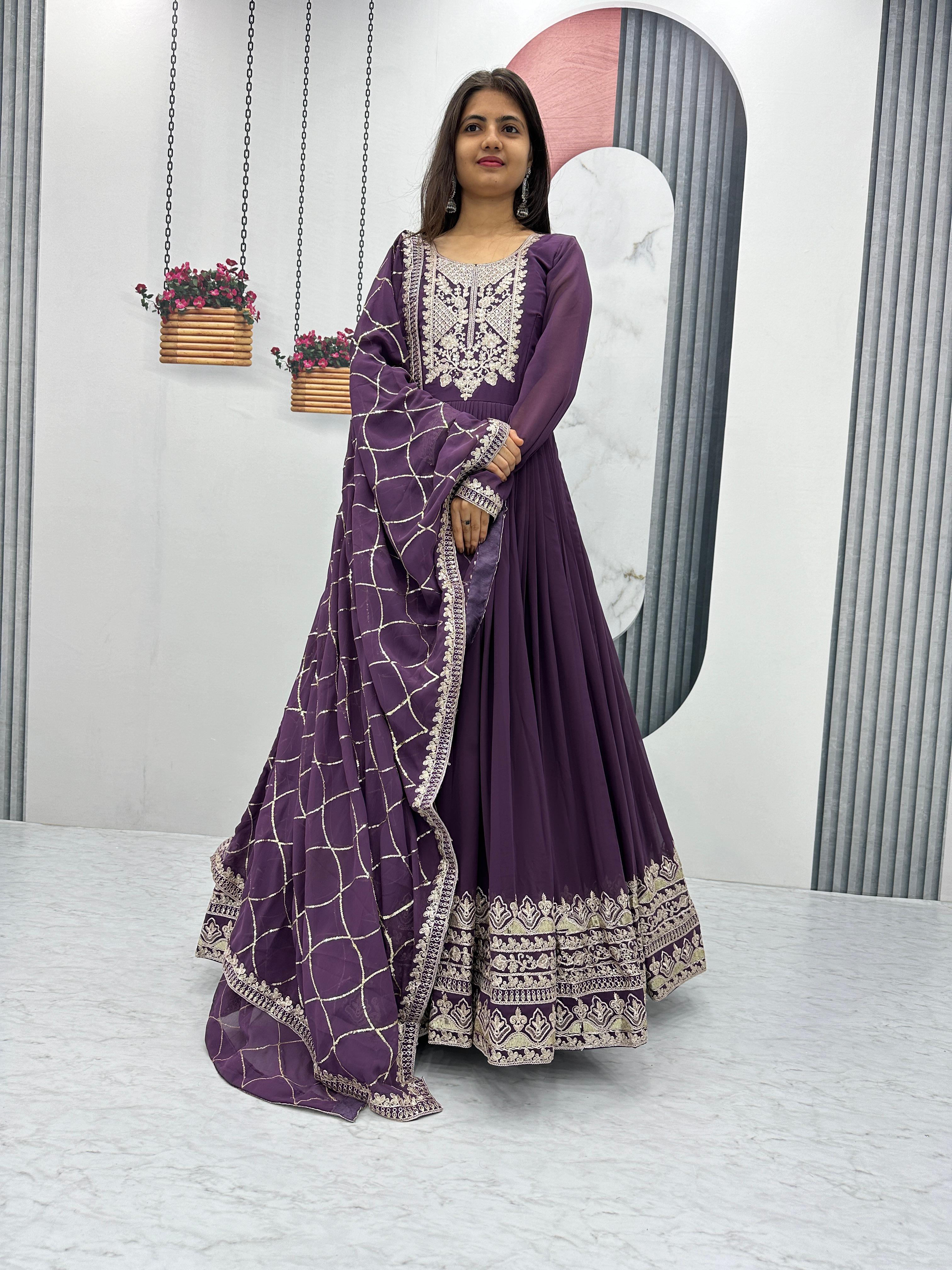 Purple Color Heavy Embroidery Sequence Coding Work Designer Gown