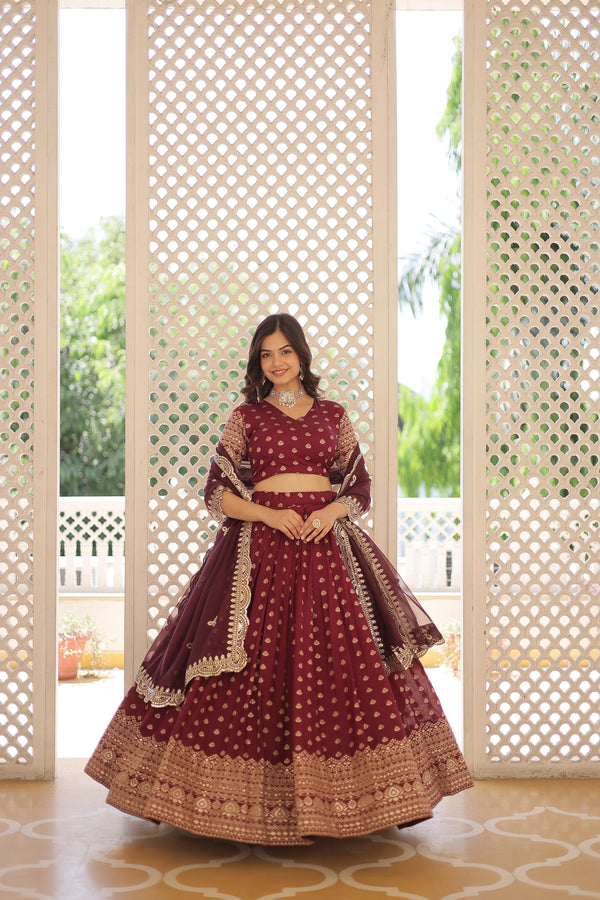 Wedding Wear Wine Color Viscose Jacquard Lehenga Choli