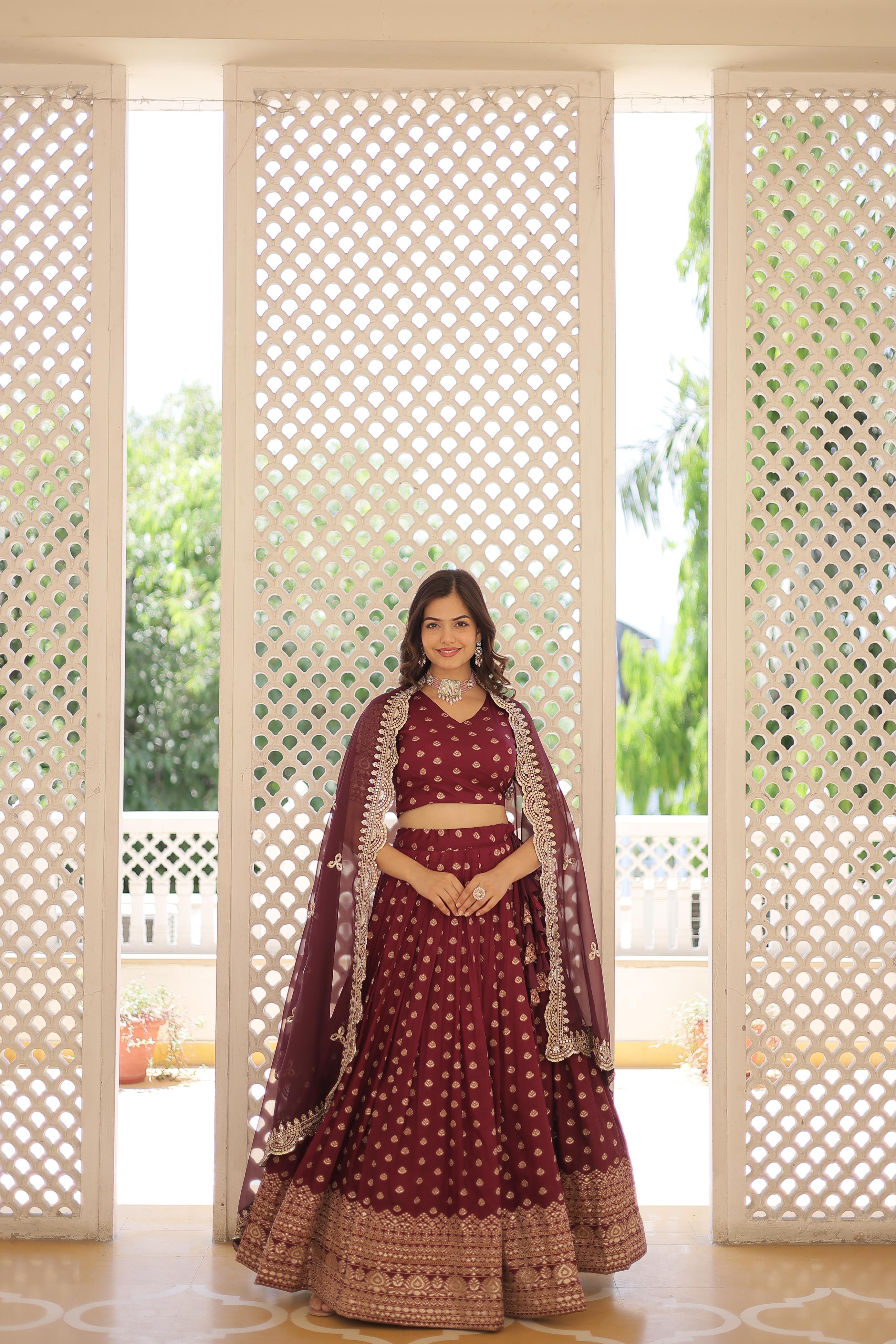 Wedding Wear Wine Color Viscose Jacquard Lehenga Choli