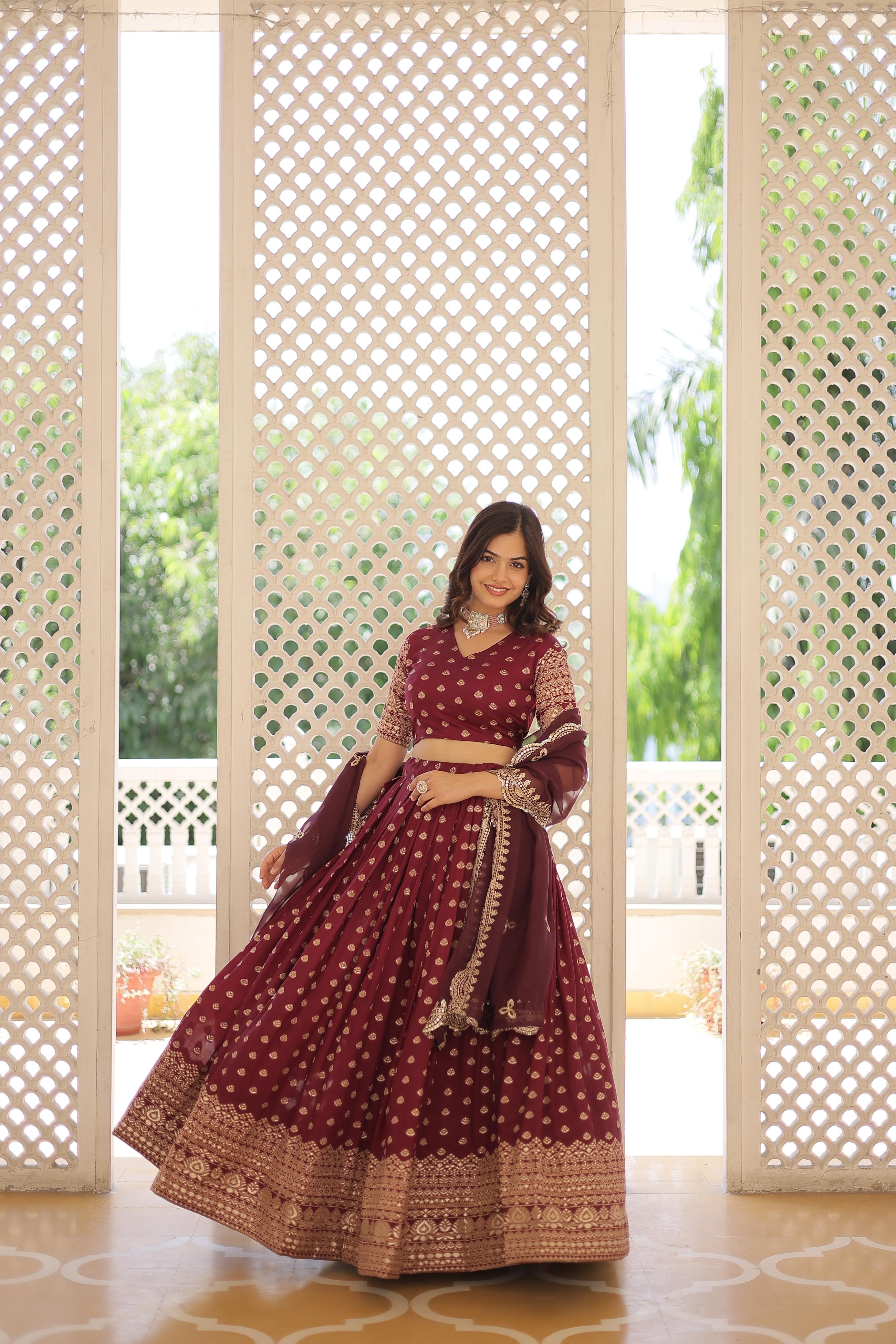 Wedding Wear Wine Color Viscose Jacquard Lehenga Choli