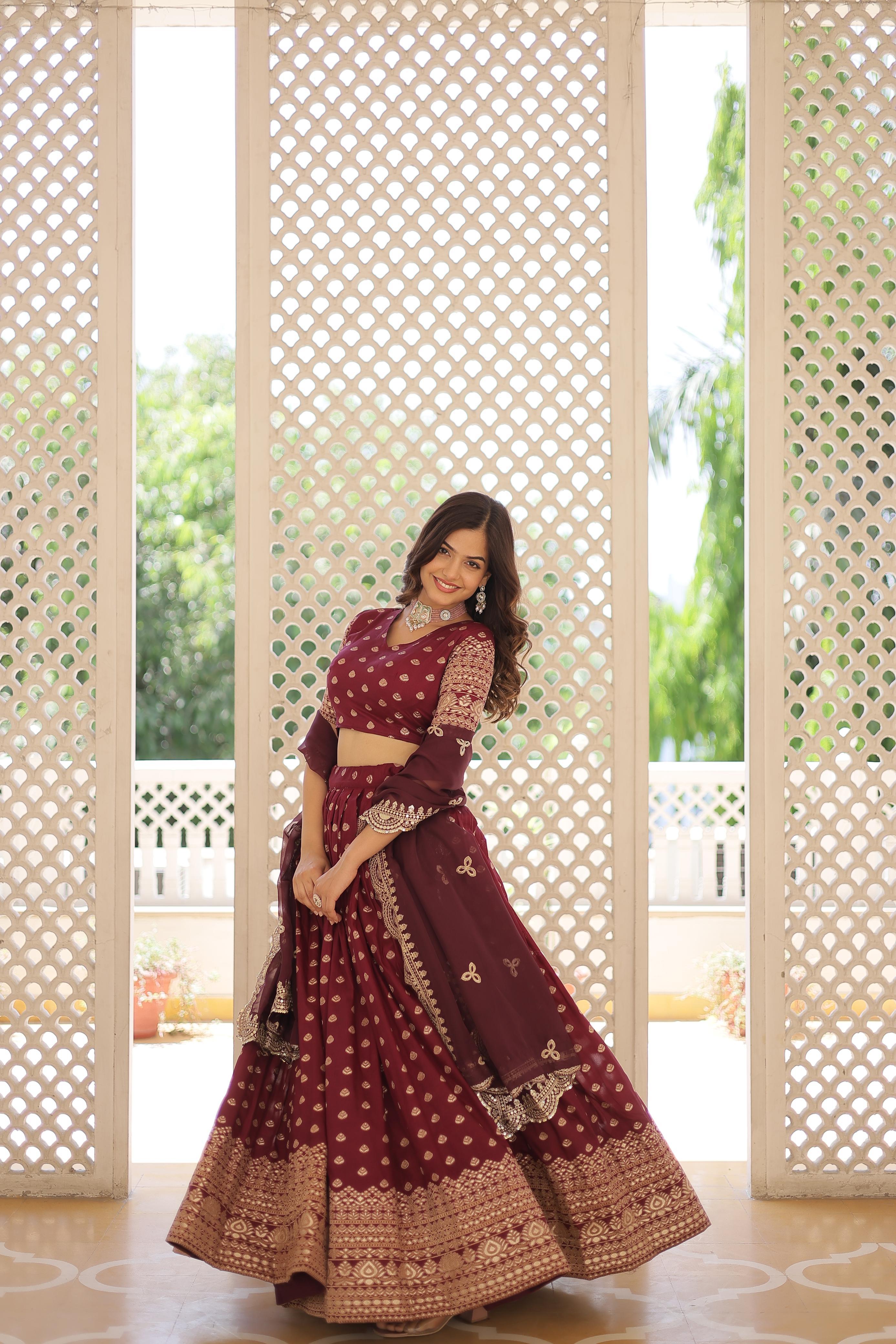 Wedding Wear Wine Color Viscose Jacquard Lehenga Choli