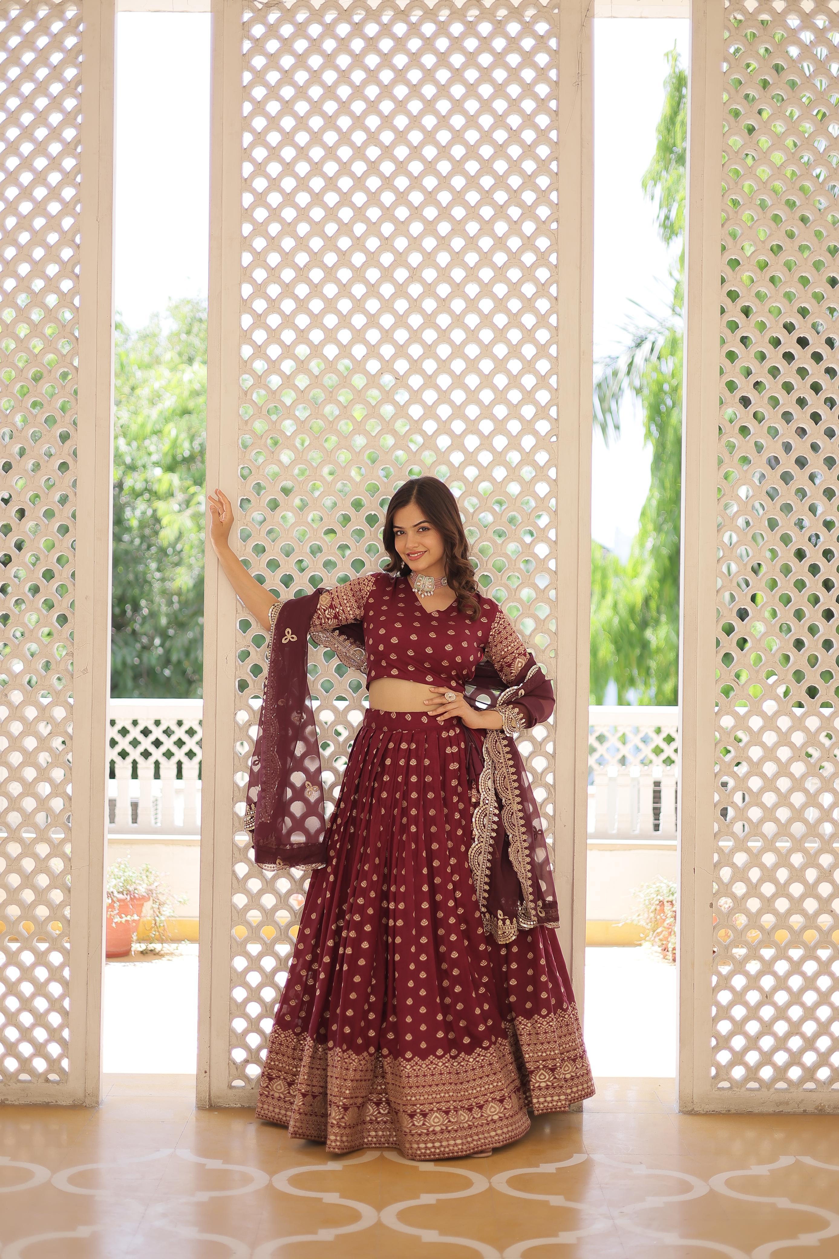 Wedding Wear Wine Color Viscose Jacquard Lehenga Choli