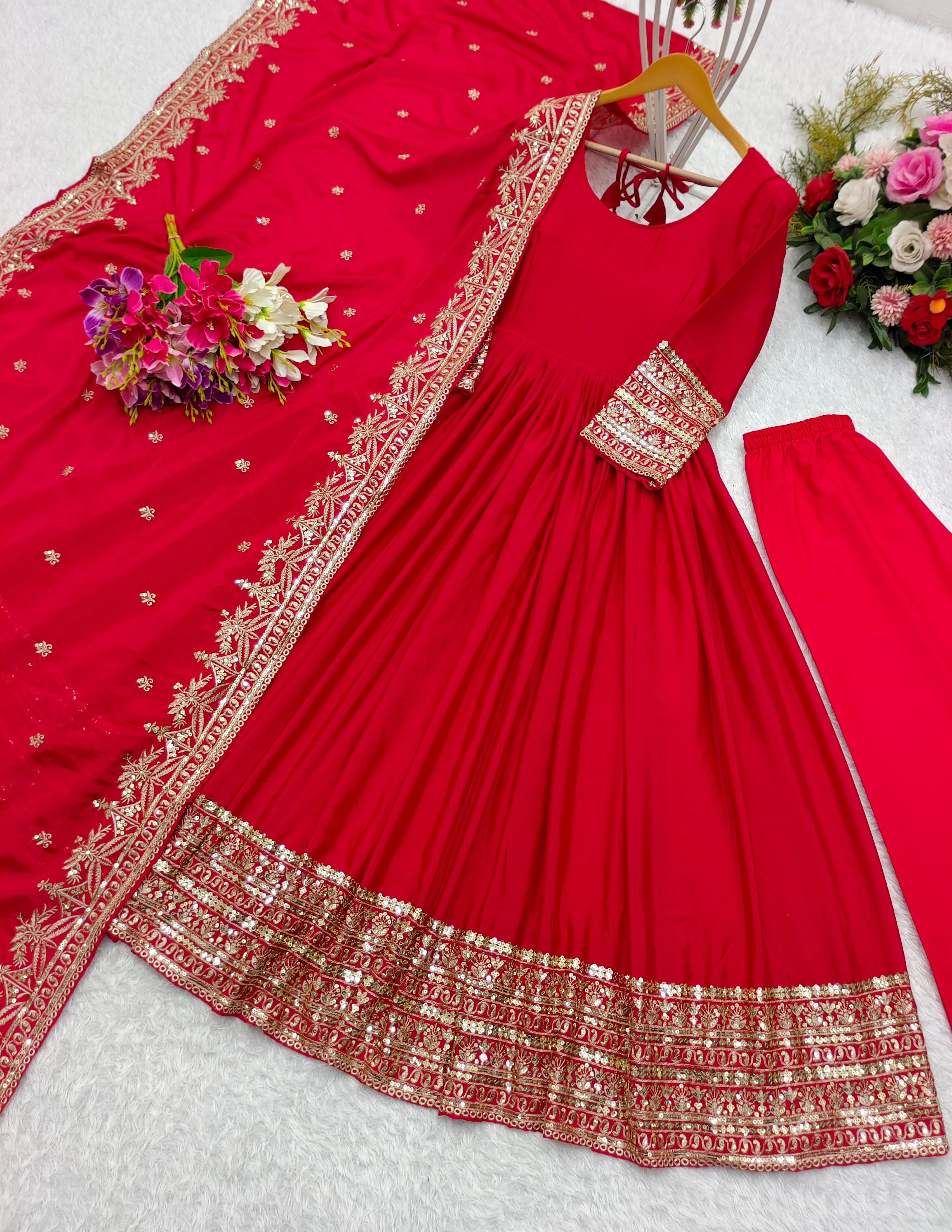 Party Wear Red Color Pure Chinon Silk With Heavy Embroidery Sequence Work Gown