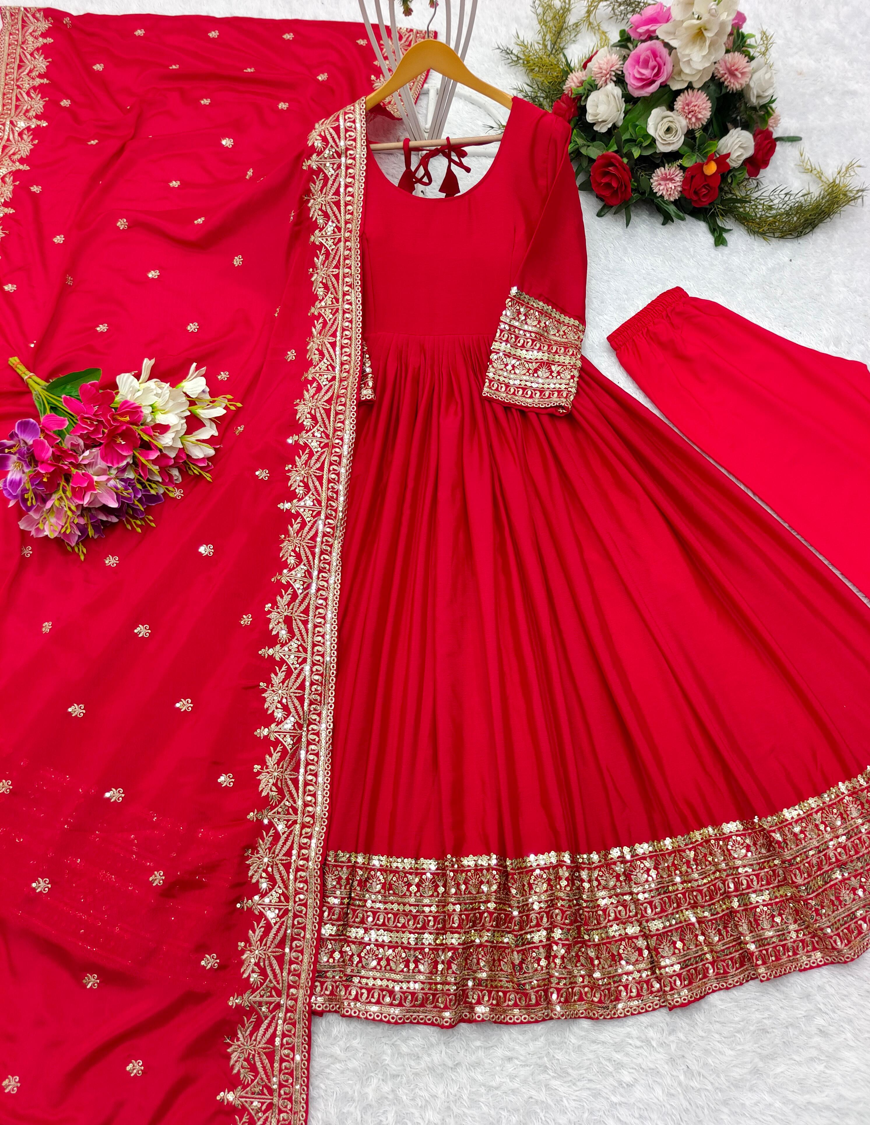 Party Wear Red Color Pure Chinon Silk With Heavy Embroidery Sequence Work Gown