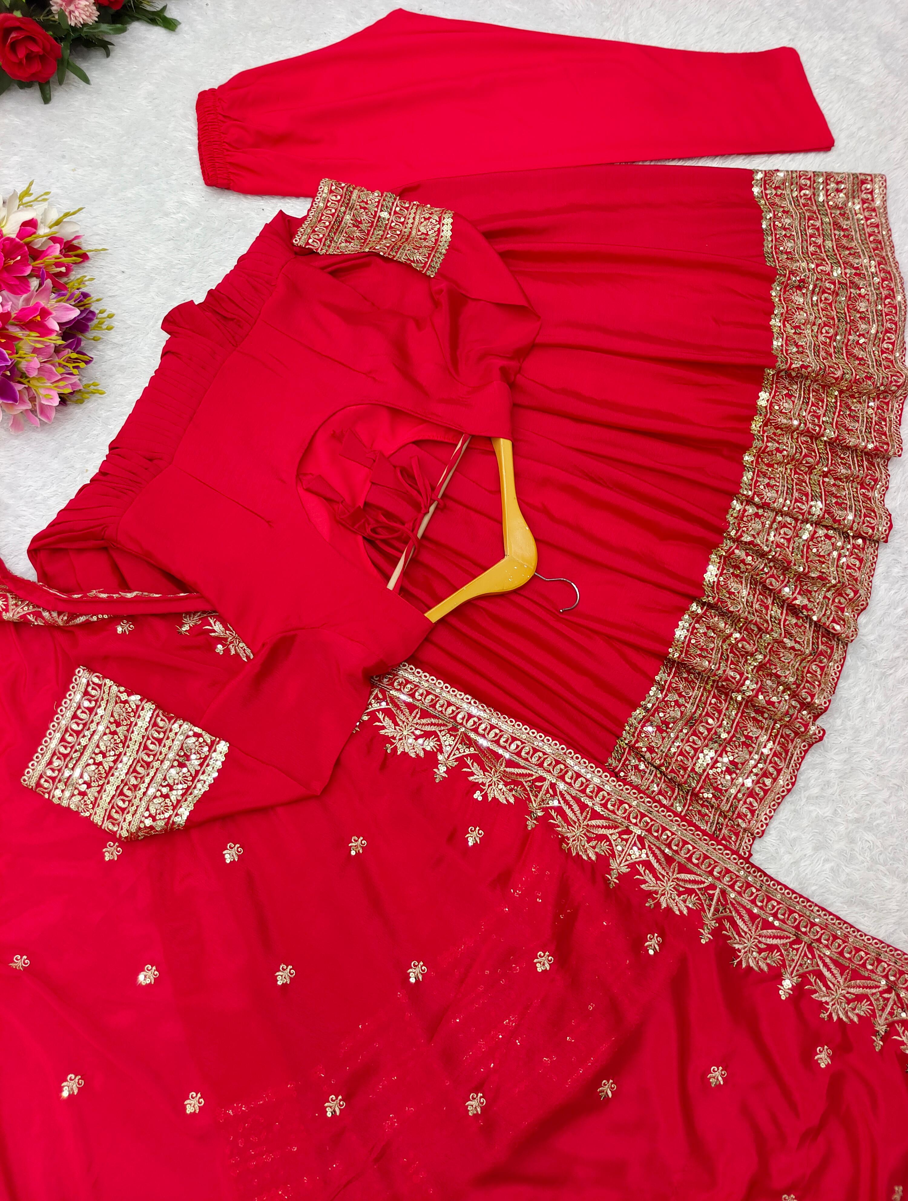 Party Wear Red Color Pure Chinon Silk With Heavy Embroidery Sequence Work Gown