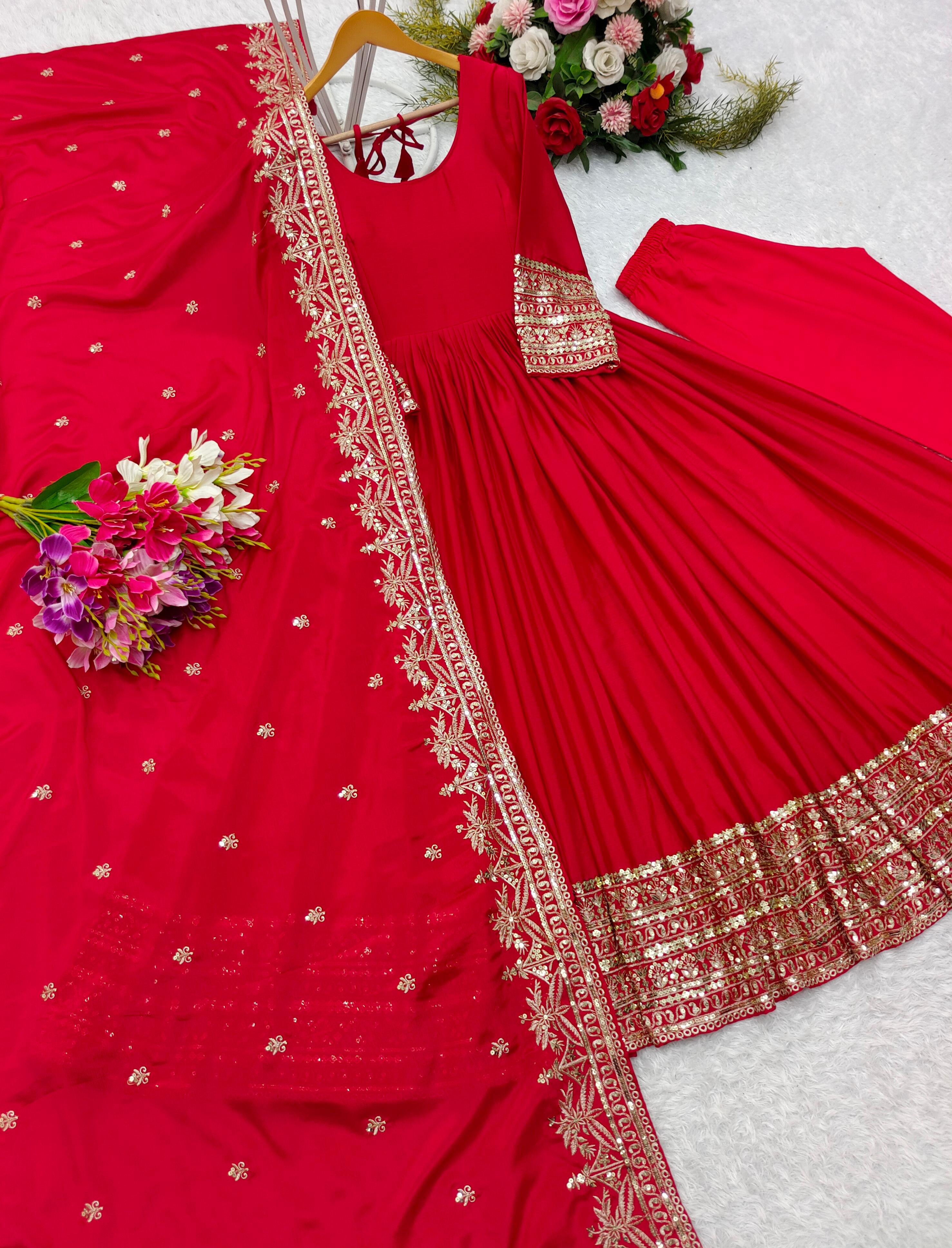 Party Wear Red Color Pure Chinon Silk With Heavy Embroidery Sequence Work Gown