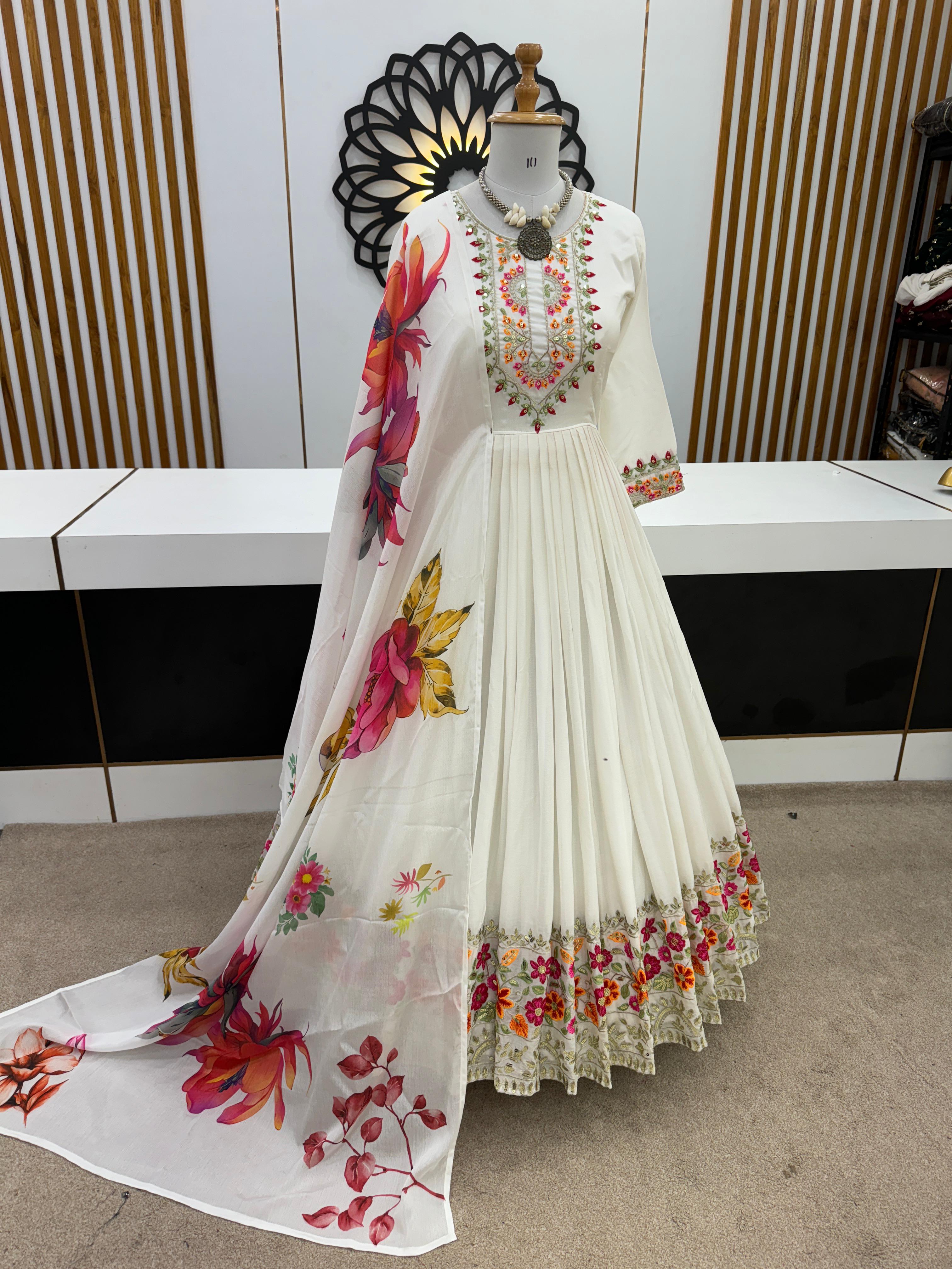 Party Wear White Color Heavy Embroidery Sequence Work Designer Gown