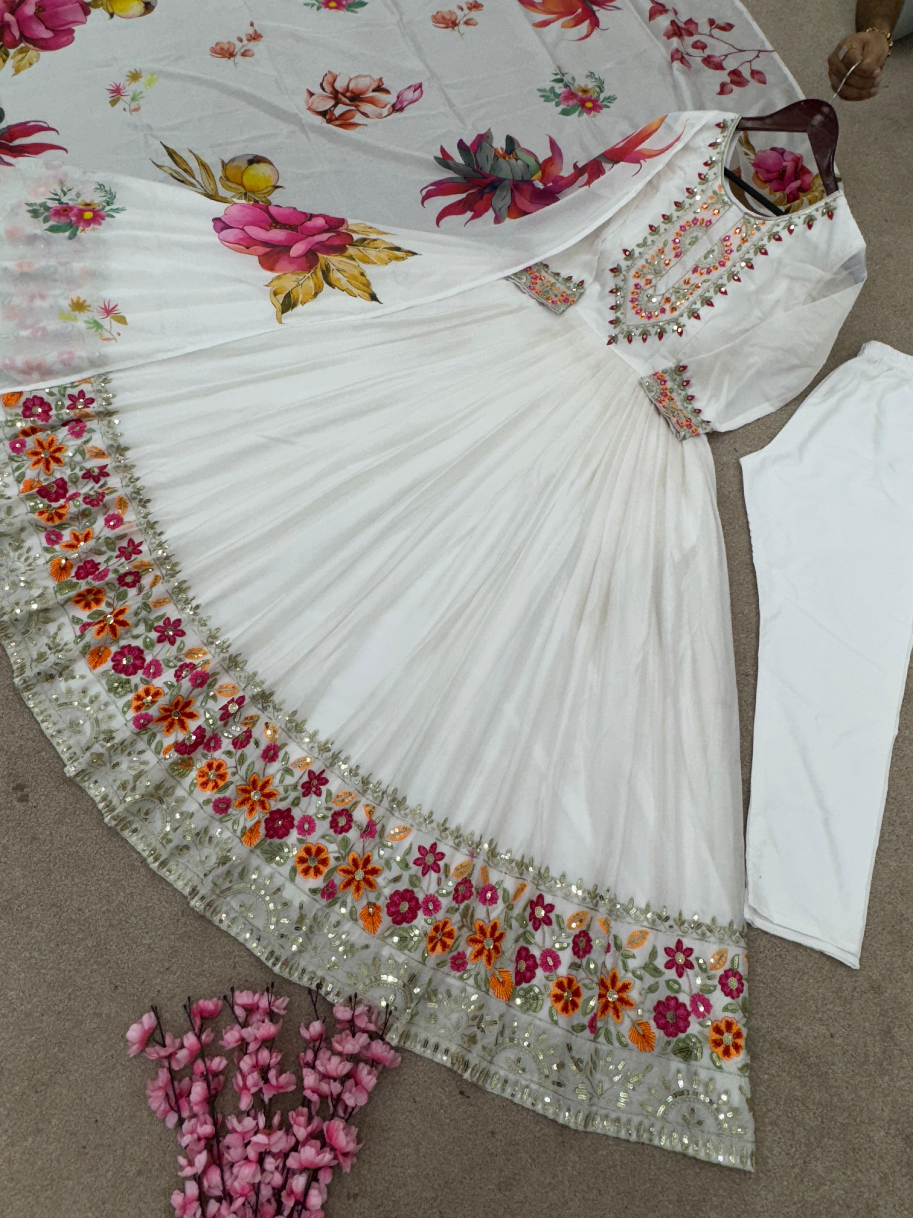 Party Wear White Color Heavy Embroidery Sequence Work Designer Gown