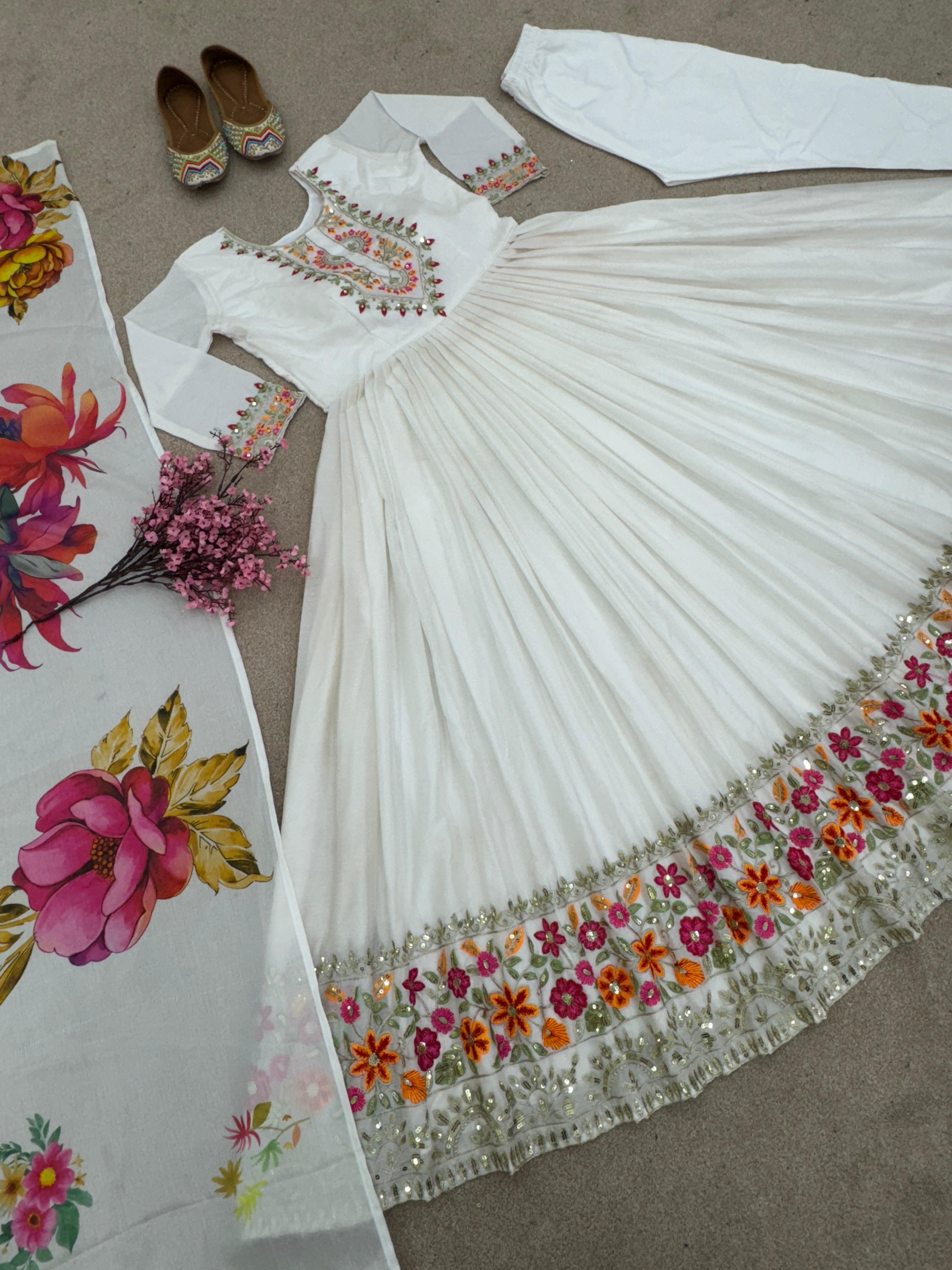 Party Wear White Color Heavy Embroidery Sequence Work Designer Gown