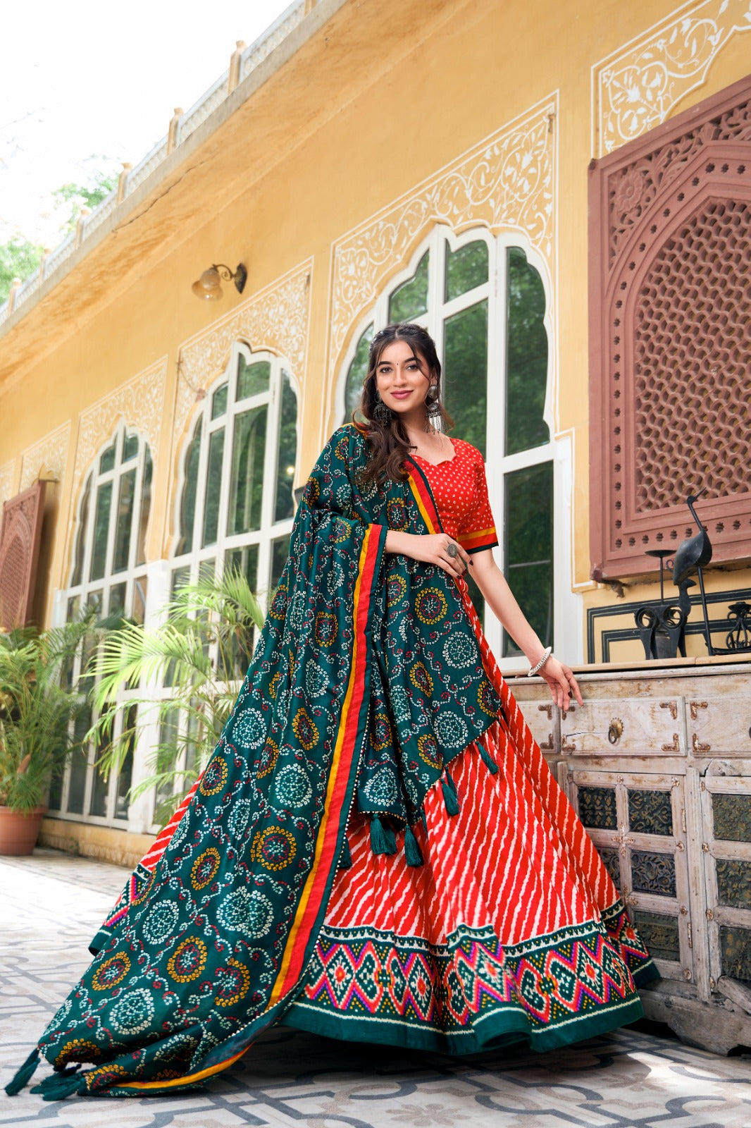 Attractive Red Color Leheriya Print Tussar Silk Navratri Collection Lehenga Choli