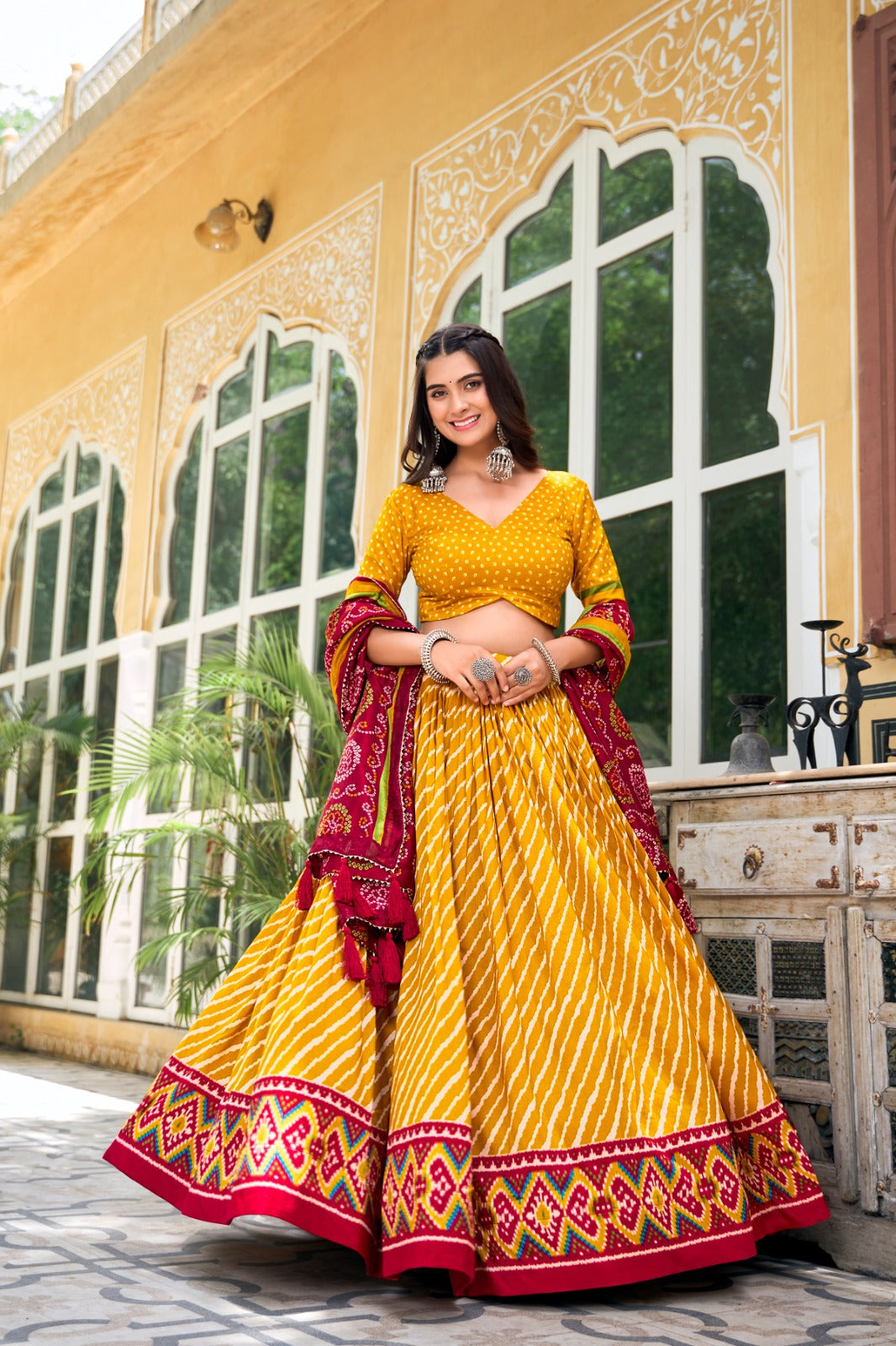 Yellow Color Leheriya Print Tussar Silk Navratri Collection Lehenga Choli