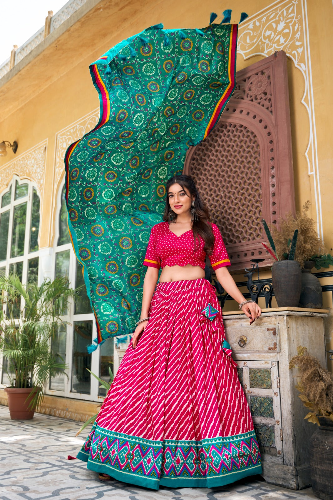 Pink Color Leheriya Print Tussar Silk Garba Special Lehenga Choli