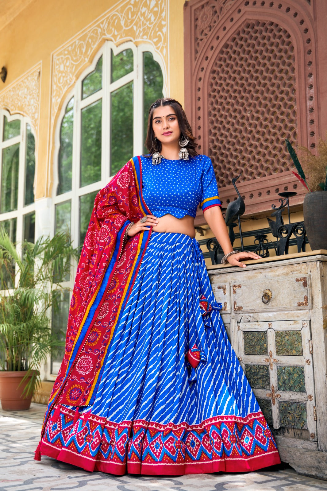 Blue Color Leheriya Print Tussar Silk Navratri Collection Lehenga Choli