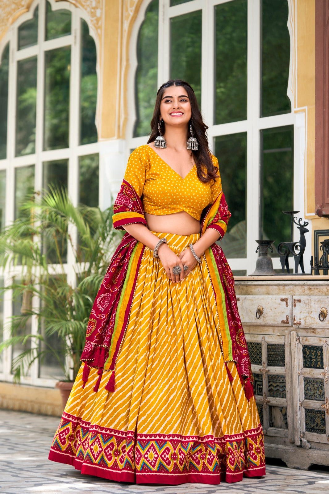 Yellow Color Leheriya Print Tussar Silk Navratri Collection Lehenga Choli