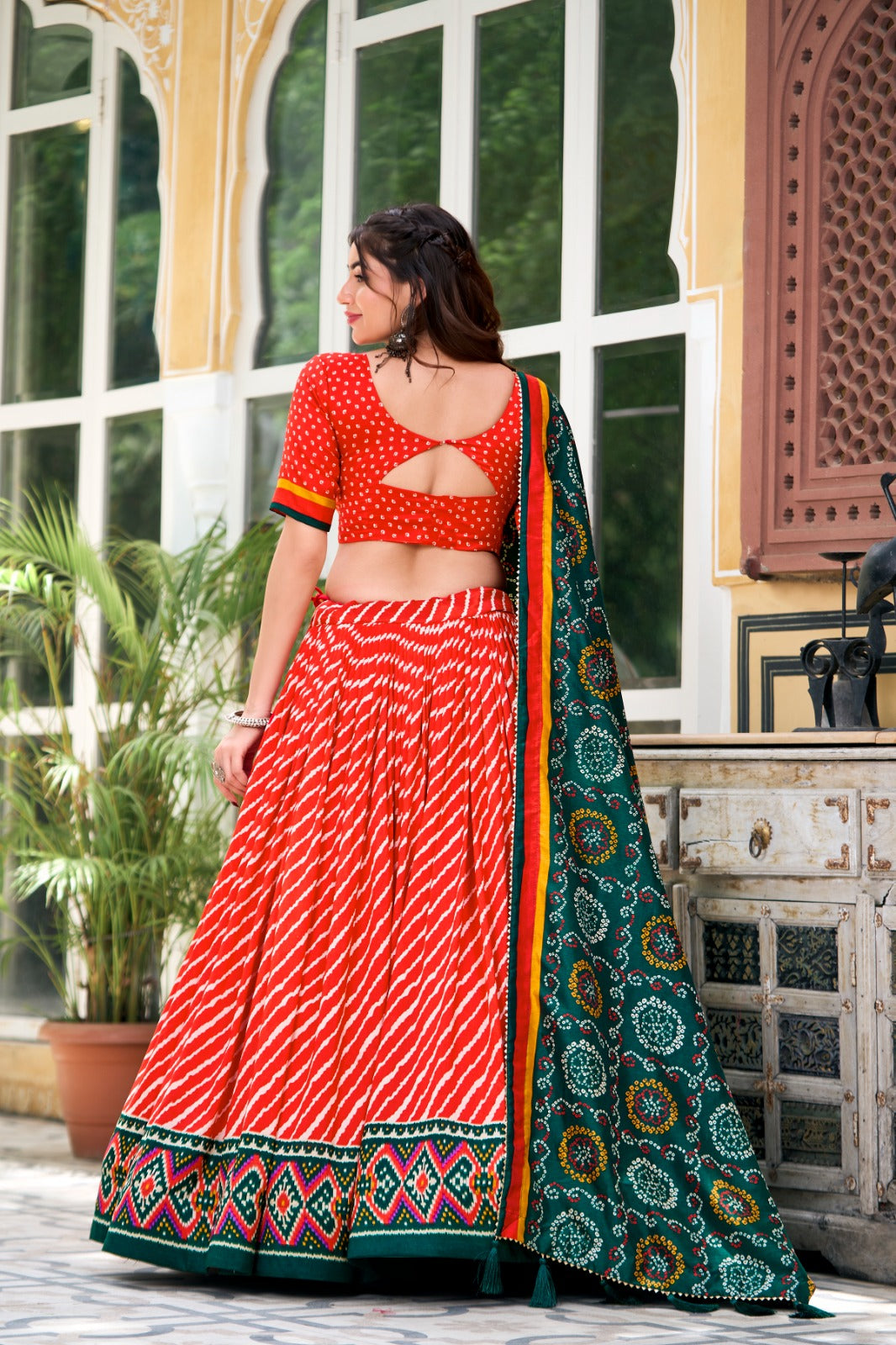 Attractive Red Color Leheriya Print Tussar Silk Navratri Collection Lehenga Choli