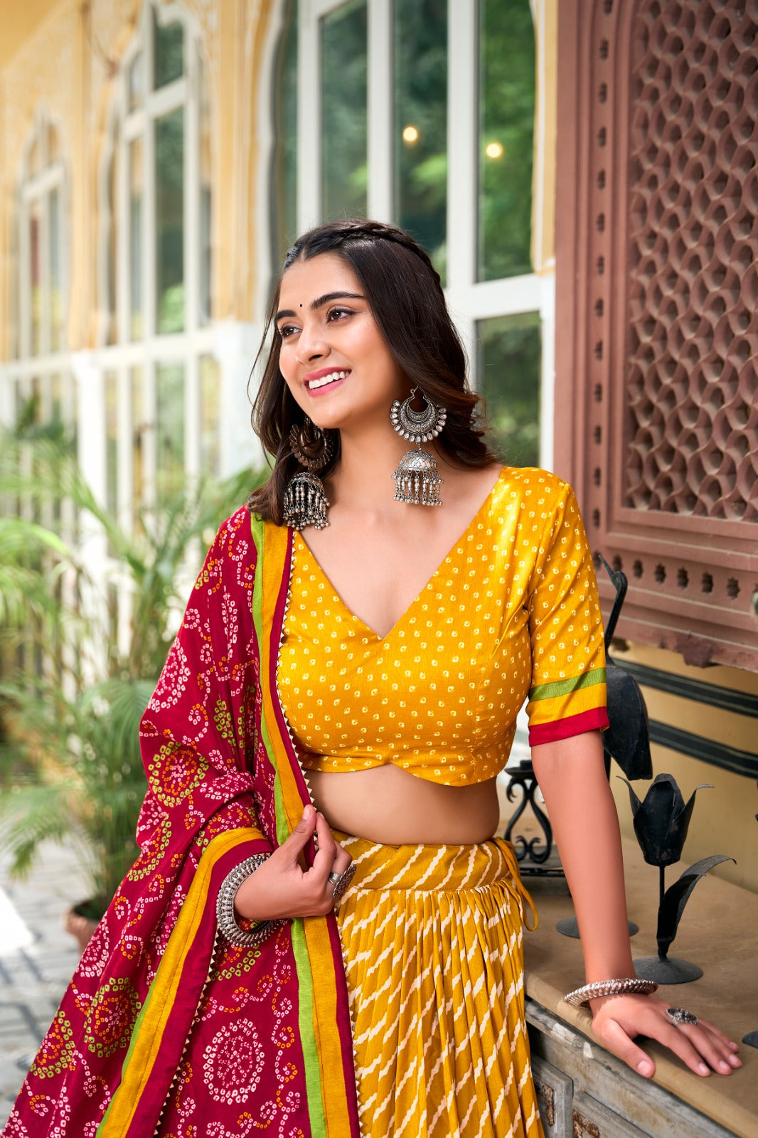 Yellow Color Leheriya Print Tussar Silk Navratri Collection Lehenga Choli