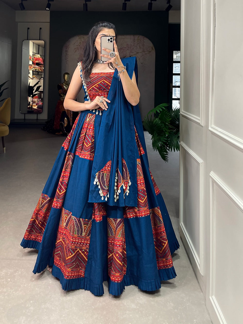 Garba Collection Blue Color Pure Cotton Printed With Foil Work Navratri Lehenga Choli