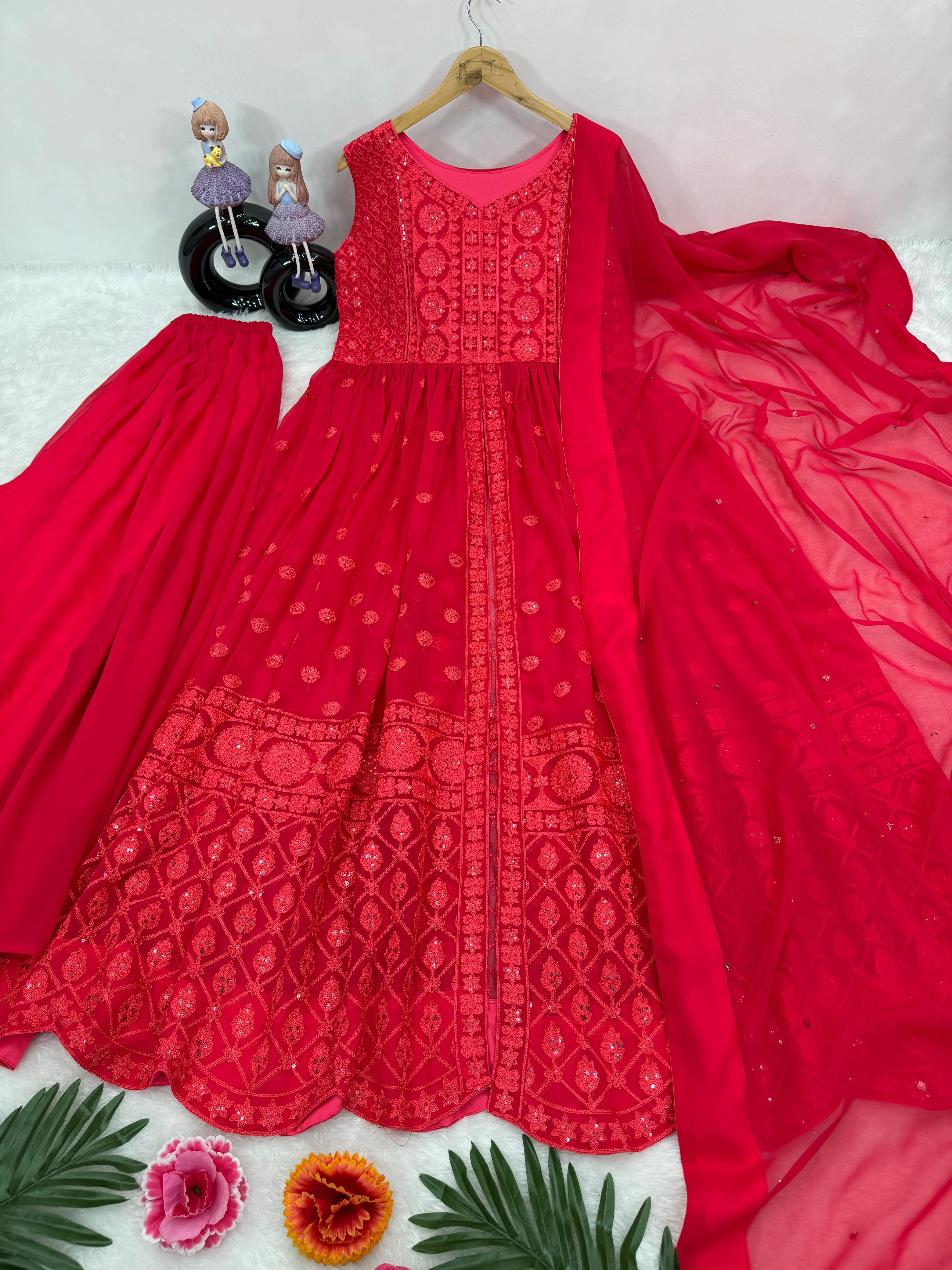 Designer Red Color Heavy Fuax Georgette Fancy Cut Top With Plazzo Suit Set