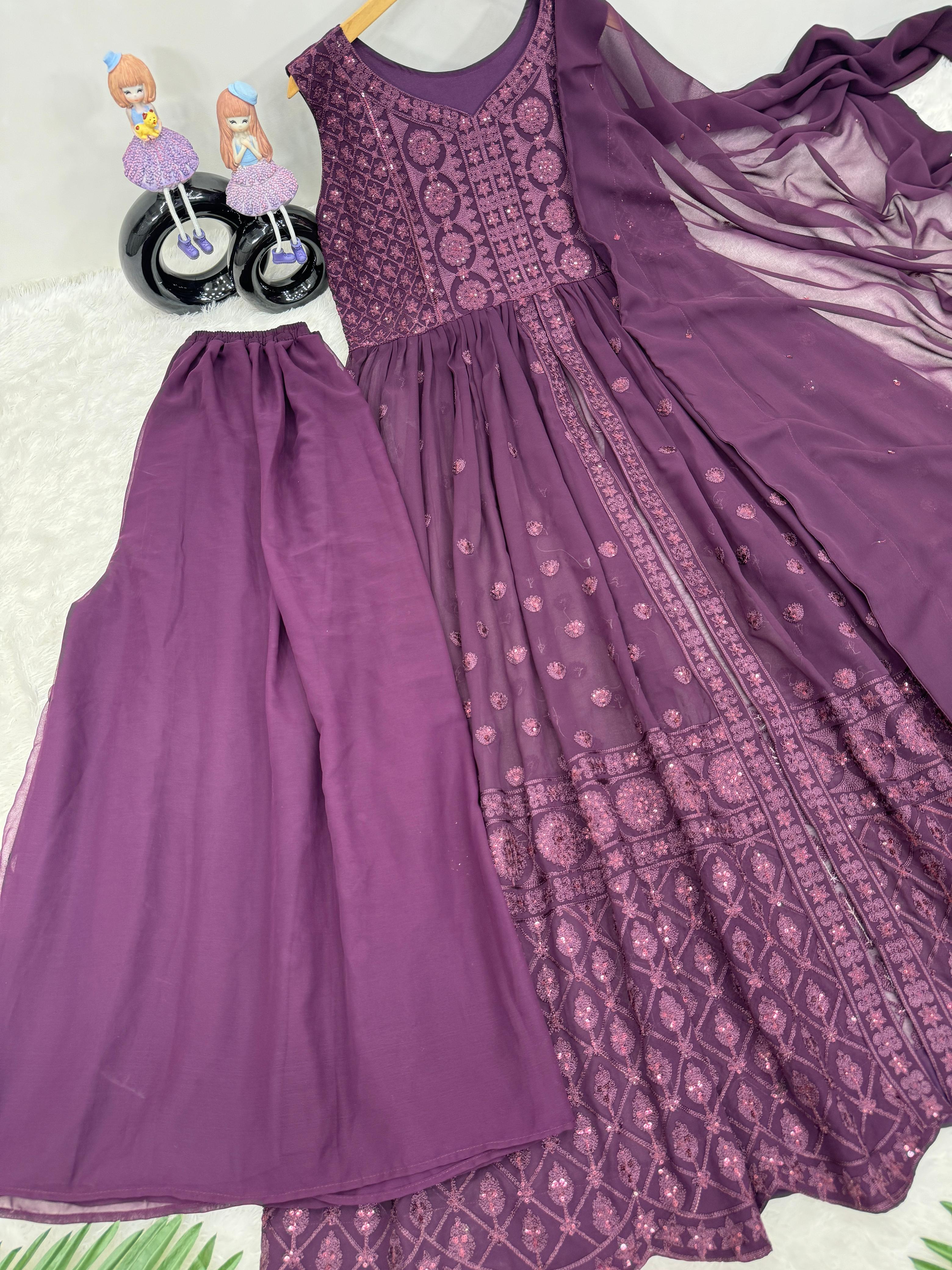 Designer Lavender Color Heavy Fuax Georgette Fancy Cut Top With Plazzo Suit Set