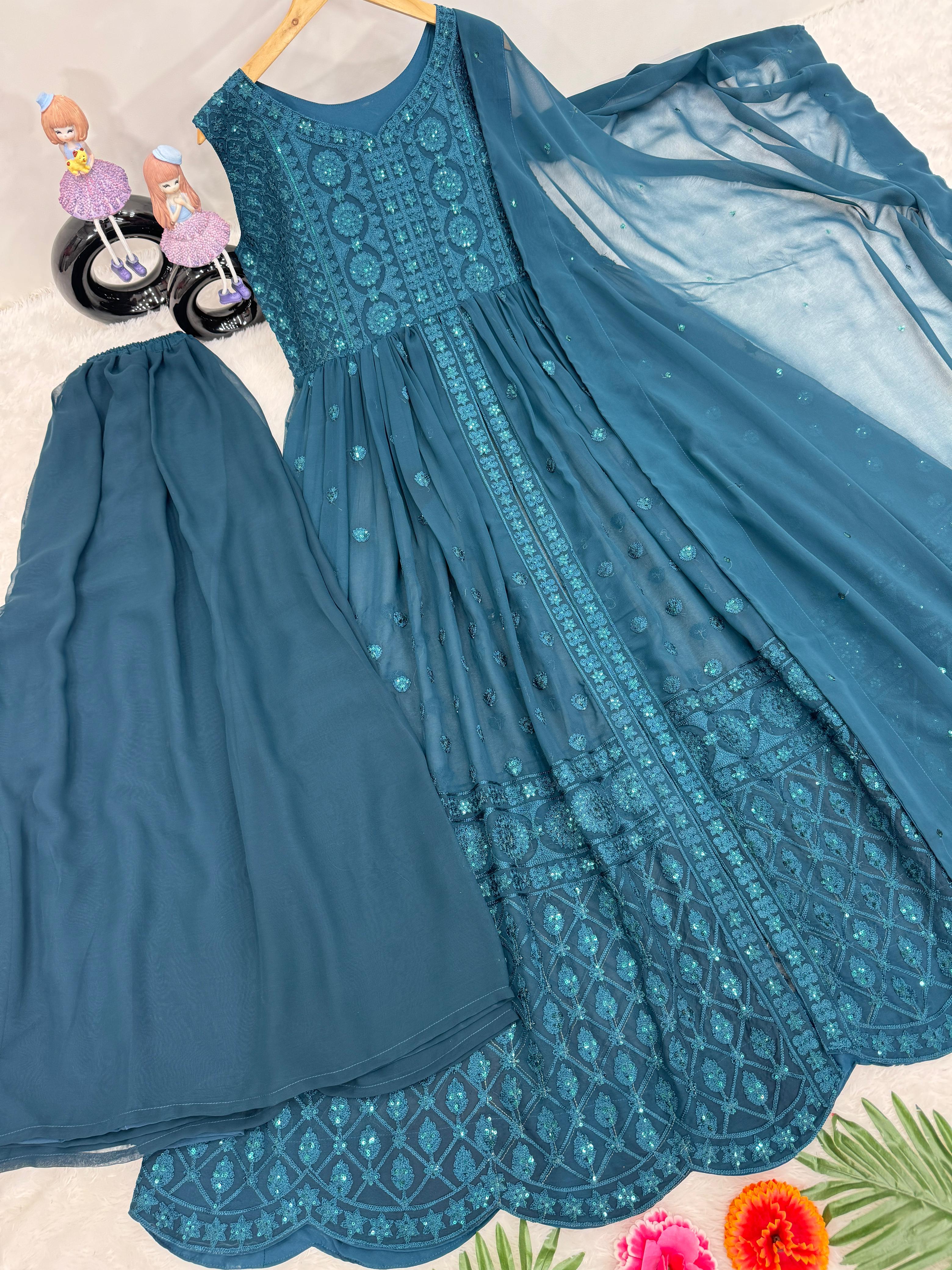 Designer Teal Color Heavy Fuax Georgette Fancy Cut Top With Plazzo Suit Set